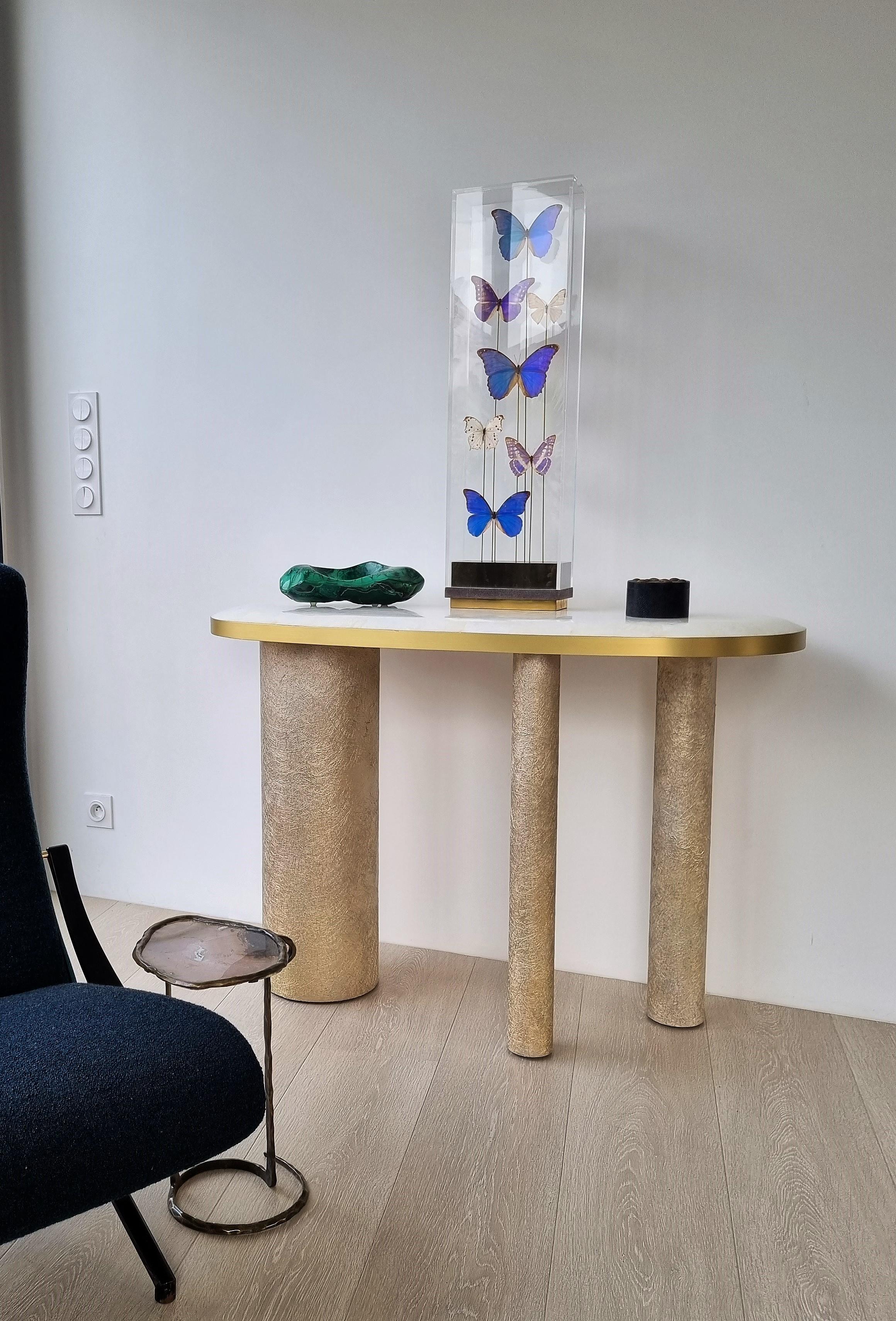 Hand-Crafted White Rock Crystal and Brass Console by Ginger Brown For Sale