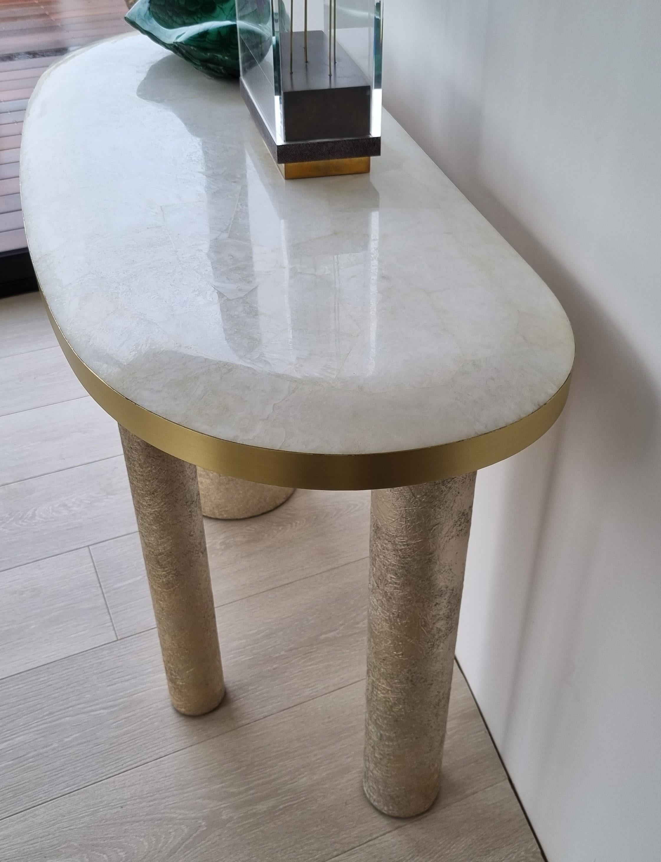 Contemporary White Rock Crystal and Brass Console by Ginger Brown For Sale