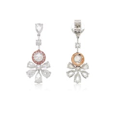 White Rose-Cut Diamond and Pink Diamond 18k Gold Drop Earrings