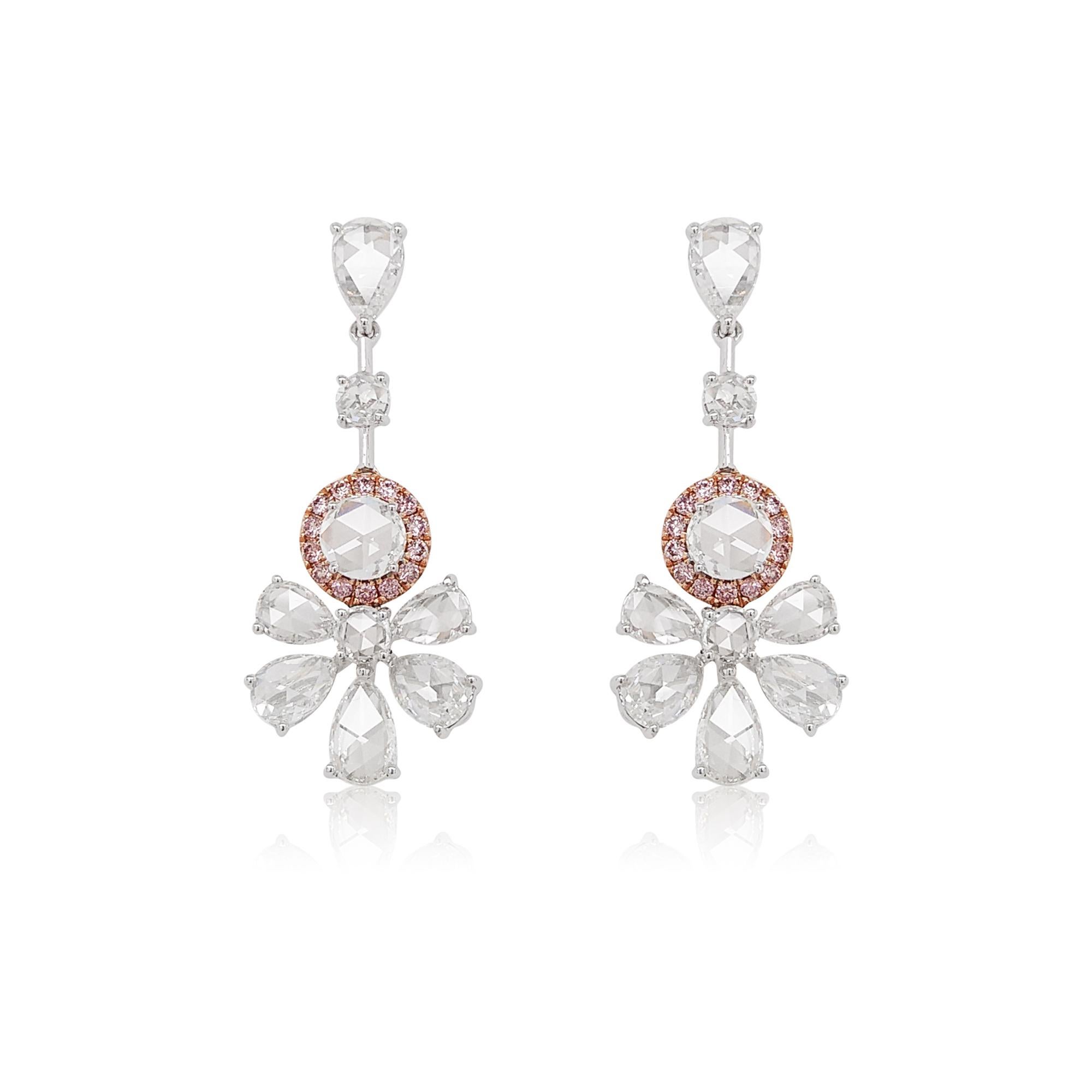 Rose Cut White Rose-Cut Diamond and Pink Diamond 18k Gold Drop Earrings