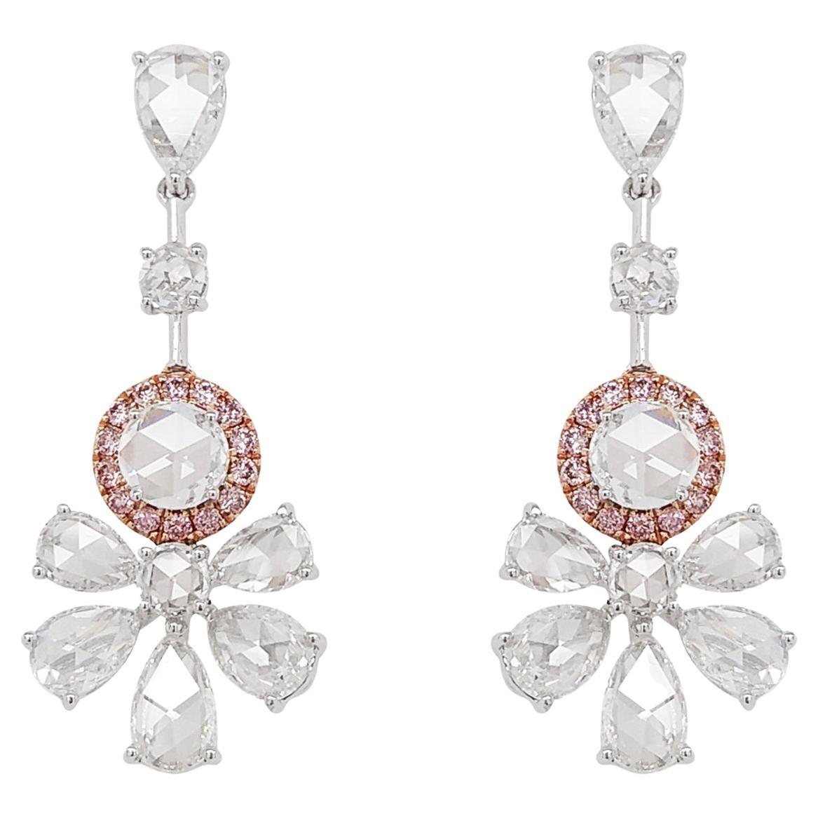 White Rose-Cut Diamond and Pink Diamond 18k Gold Drop Earrings