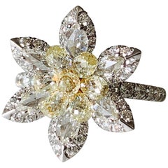 White Rose Cut Diamond and Yellow Briolette Diamond Ring in 18 Karat Gold