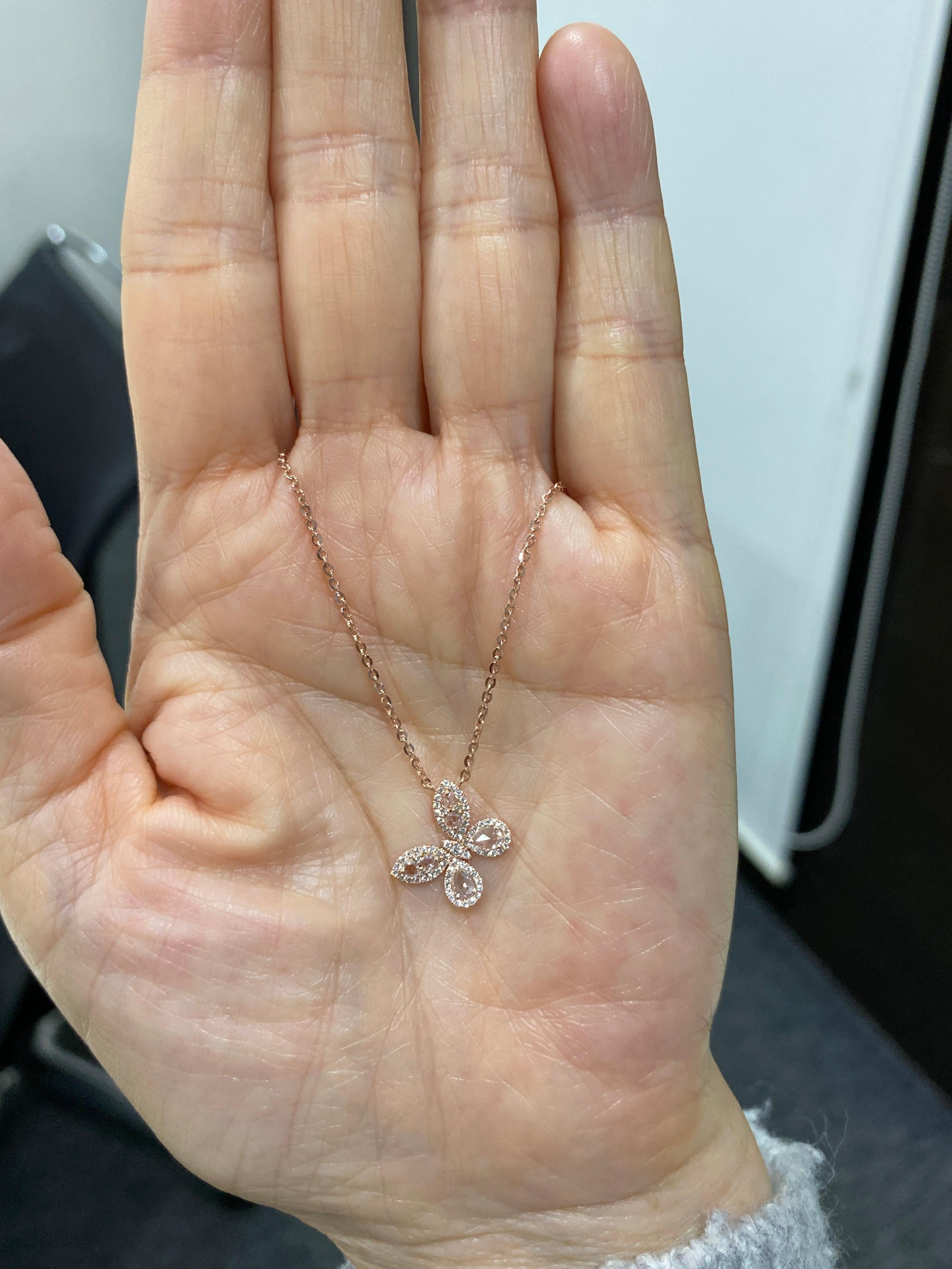 White Rose Cut Diamond Butterfly Necklace 18 Karat Rose Gold In New Condition For Sale In Hong Kong, HK