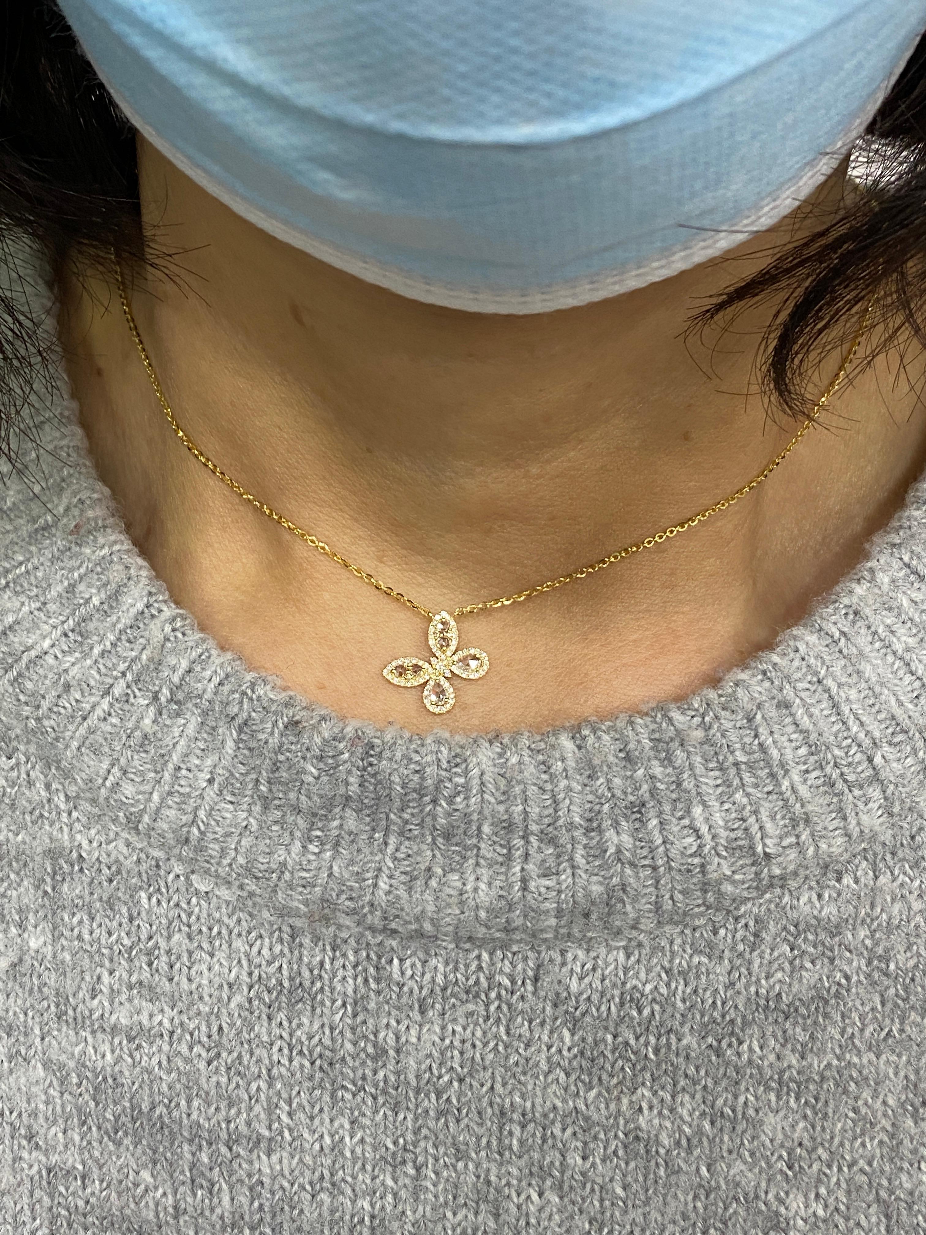 Modern White Rose Cut Diamond Butterfly Necklace 18 Karat Yellow Gold For Sale