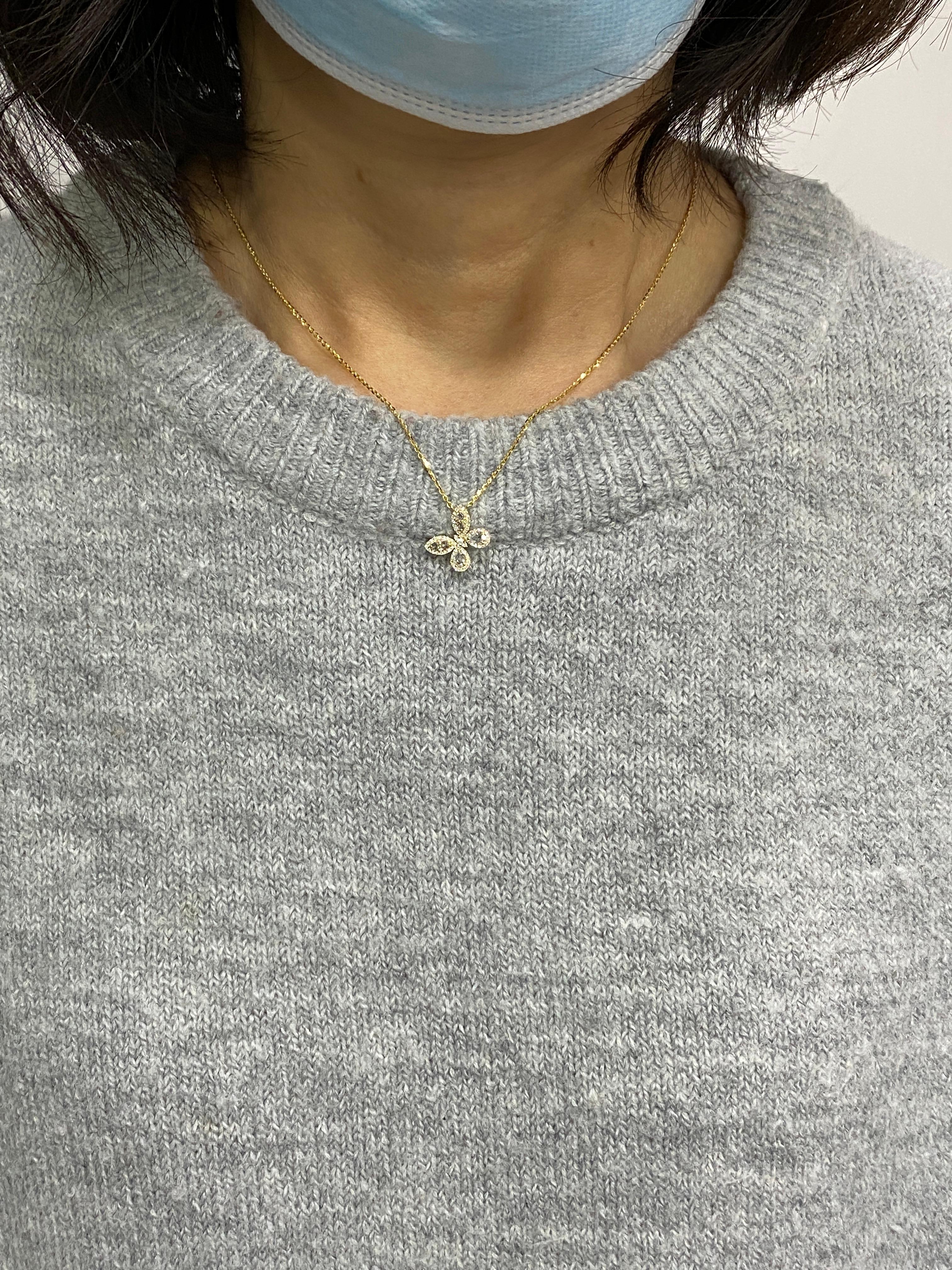 Women's White Rose Cut Diamond Butterfly Necklace 18 Karat Yellow Gold For Sale