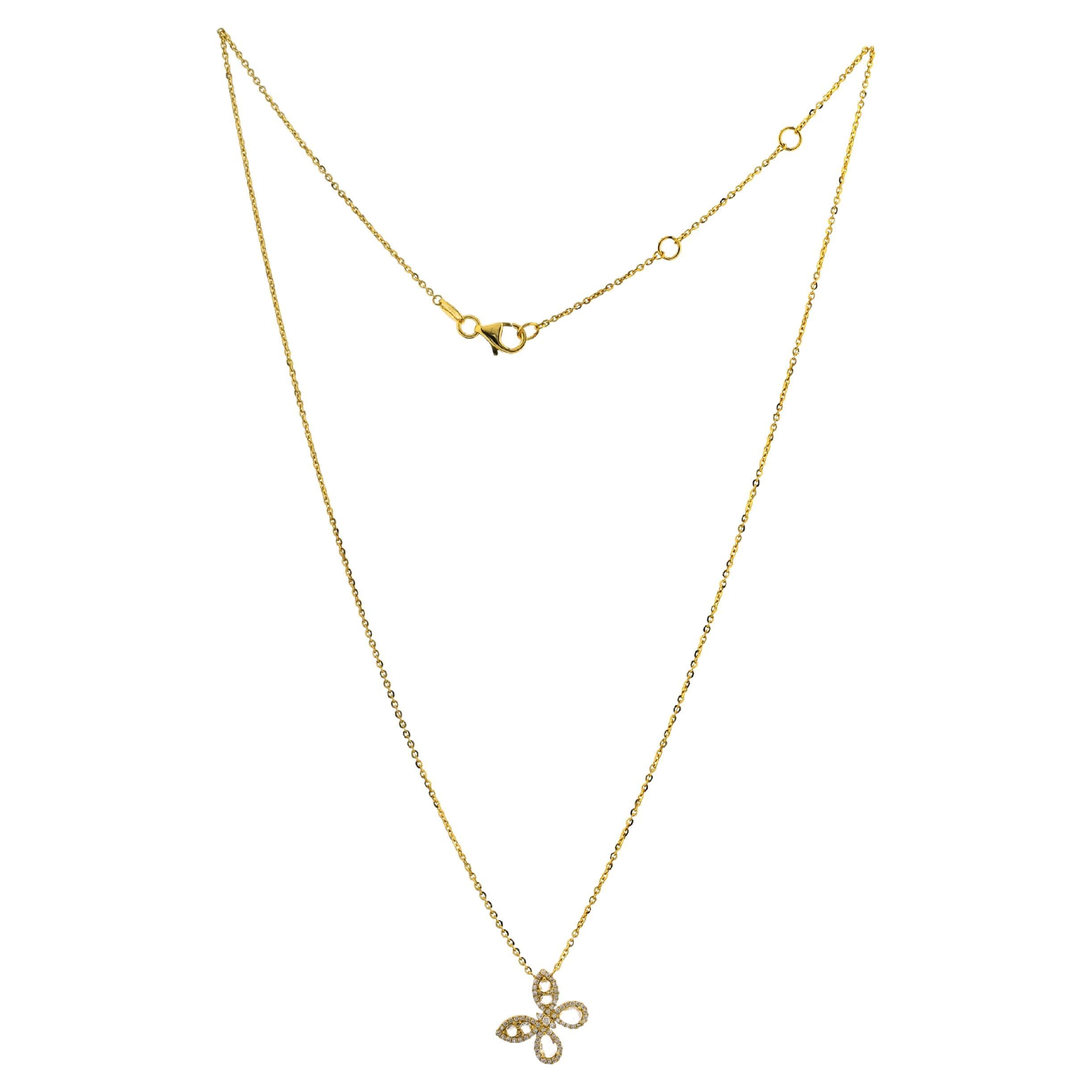 White Rose Cut Diamond Butterfly Necklace 18 Karat Yellow Gold For Sale