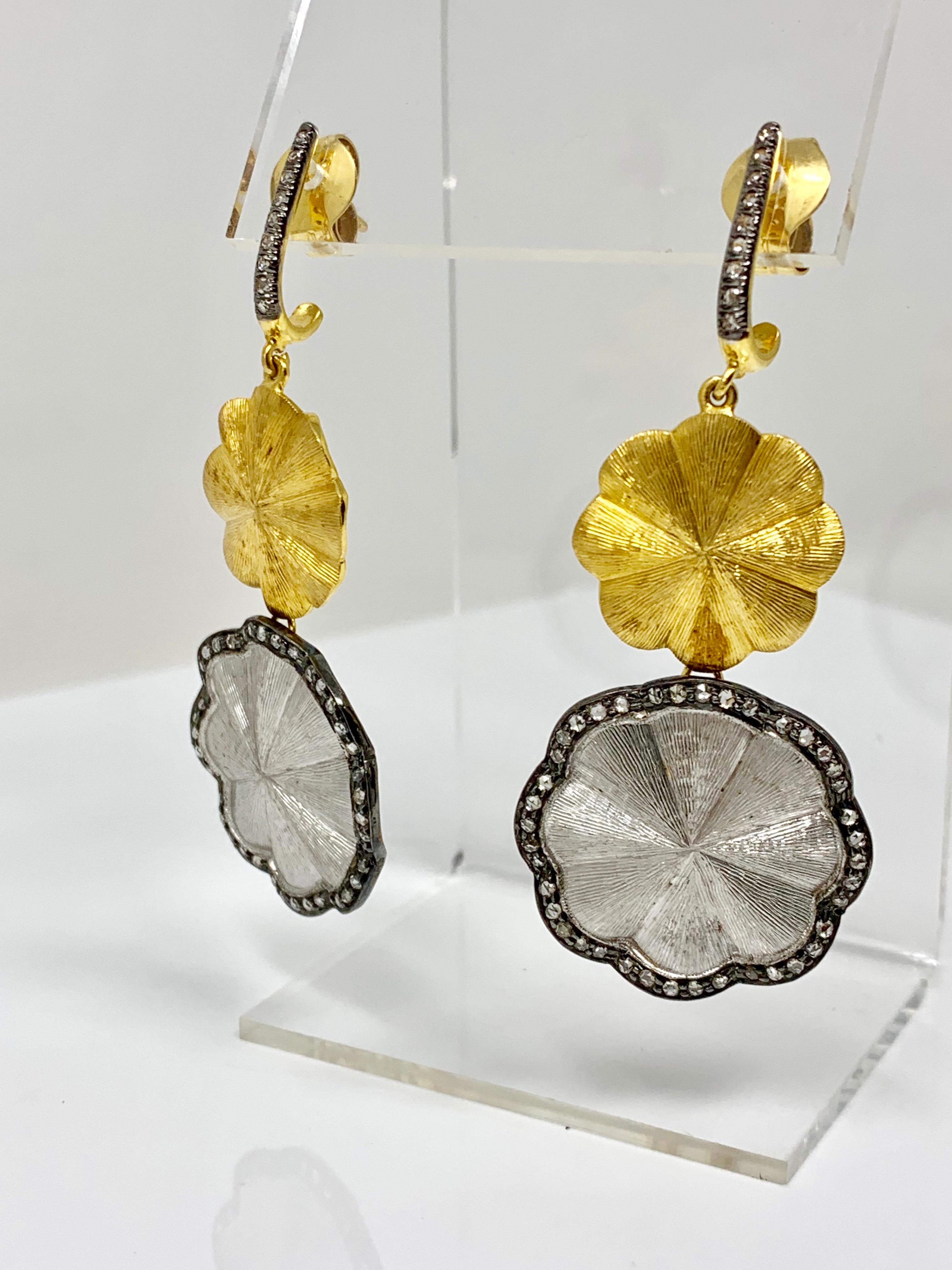 White Rose Cut Diamond Chandelier Earrings in 18 Karat White and Yellow Gold For Sale 5