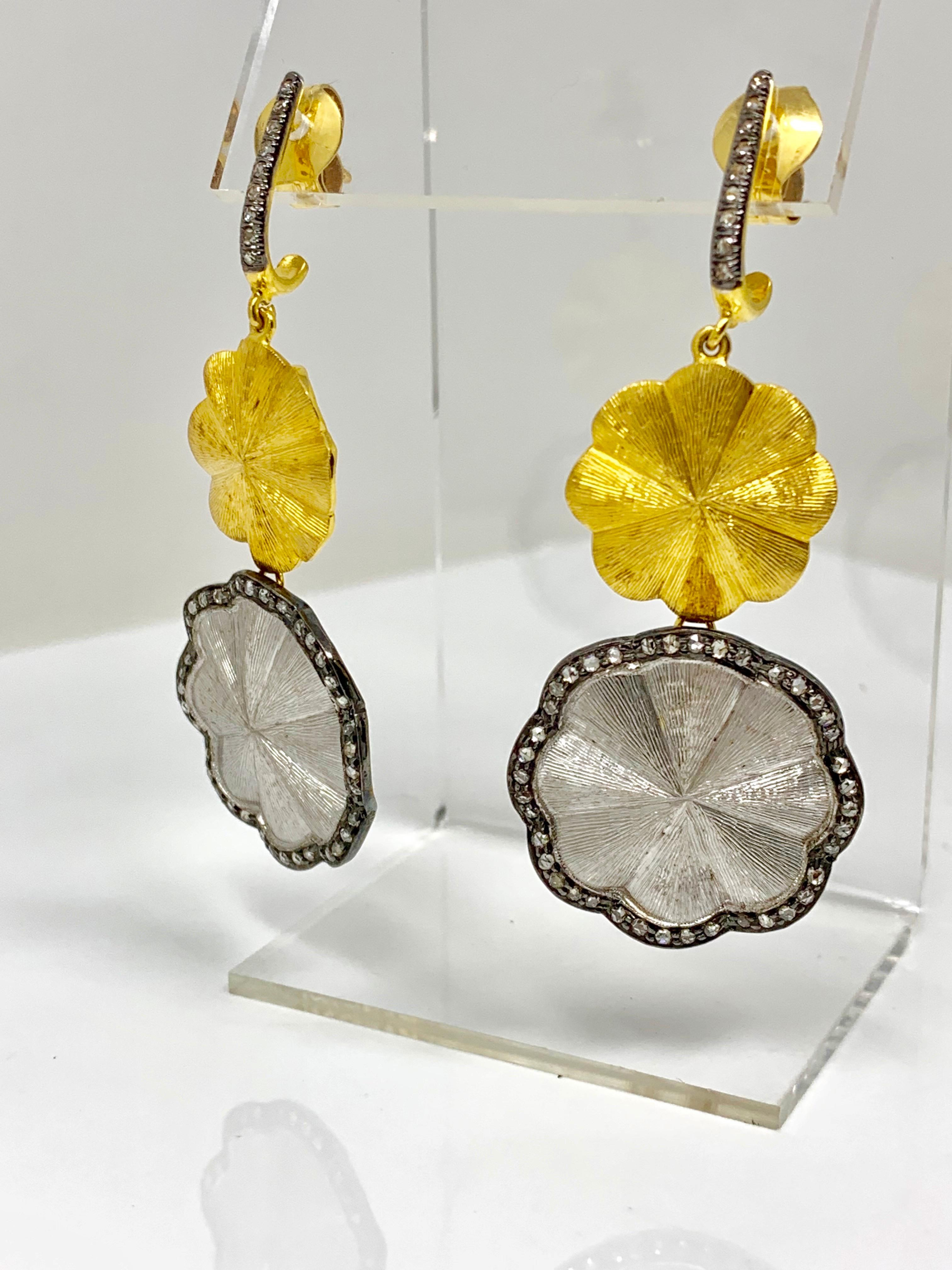 White Rose Cut Diamond Chandelier Earrings in 18 Karat White and Yellow Gold For Sale 6