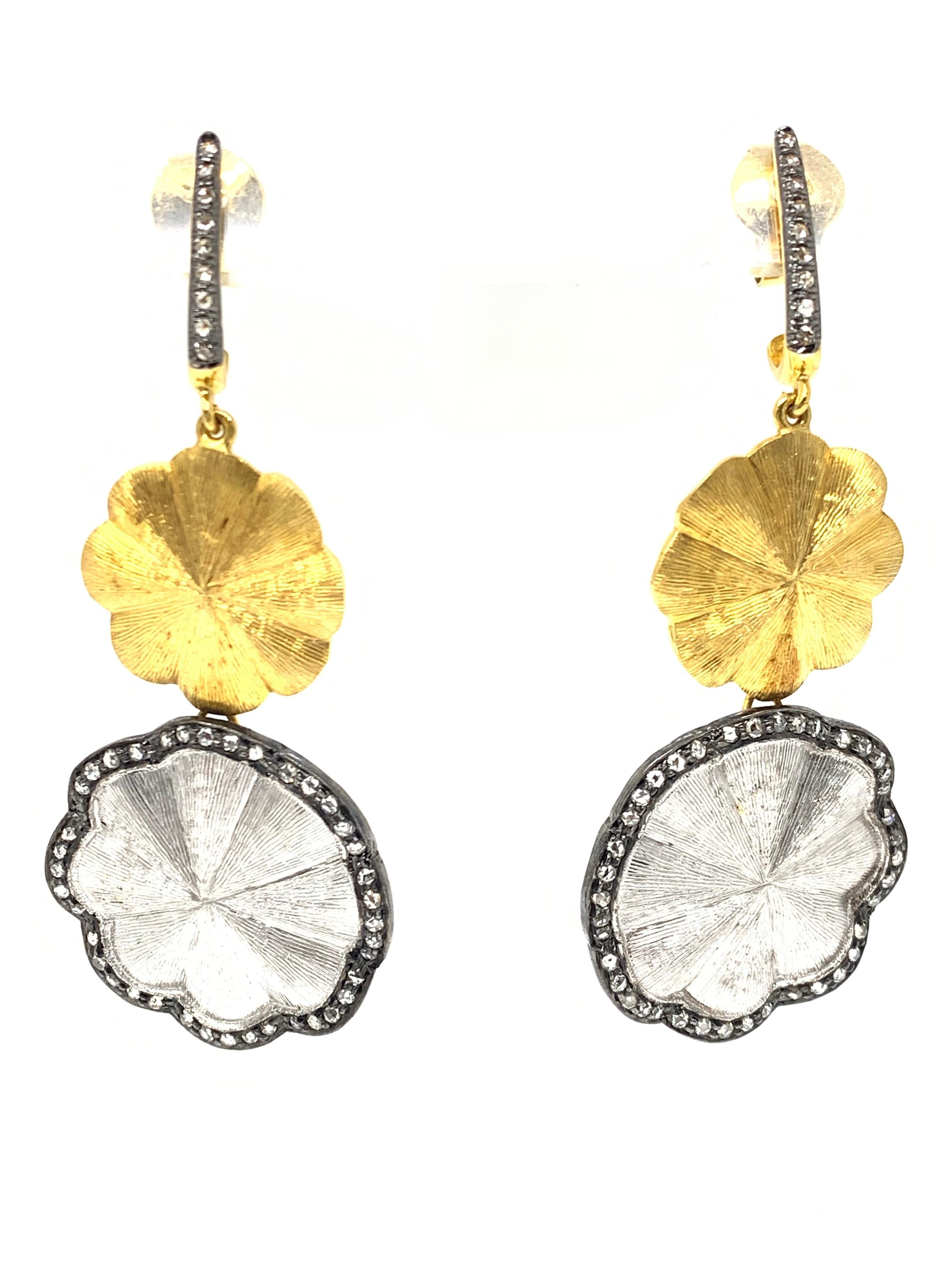 Contemporary White Rose Cut Diamond Chandelier Earrings in 18 Karat White and Yellow Gold For Sale