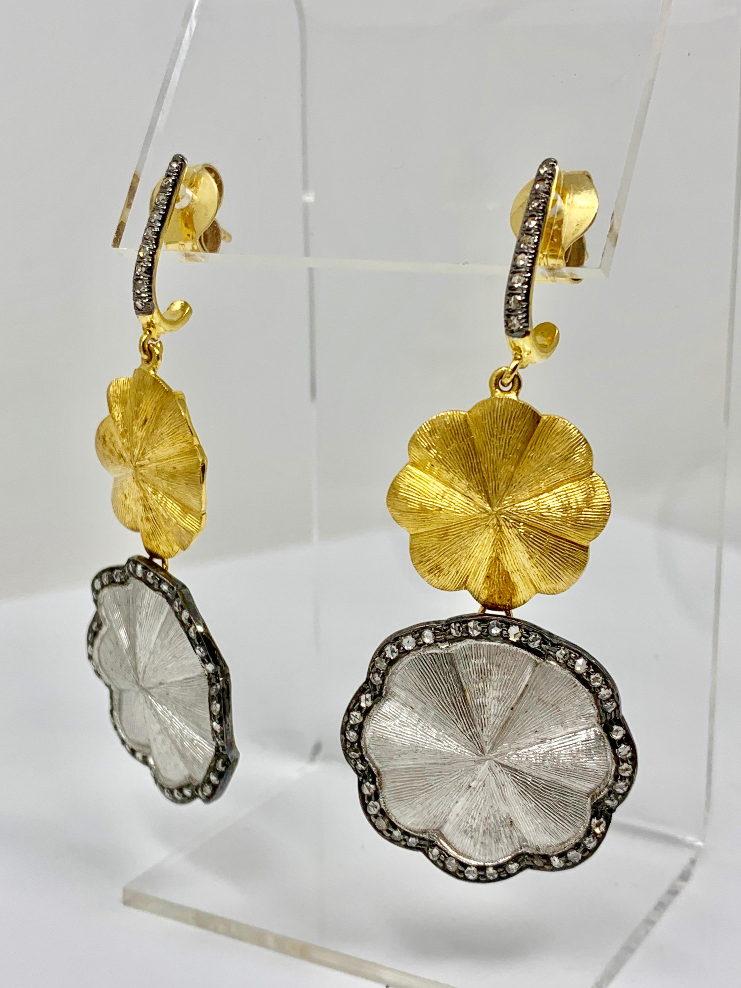 White Rose Cut Diamond Chandelier Earrings in 18 Karat White and Yellow Gold For Sale 4