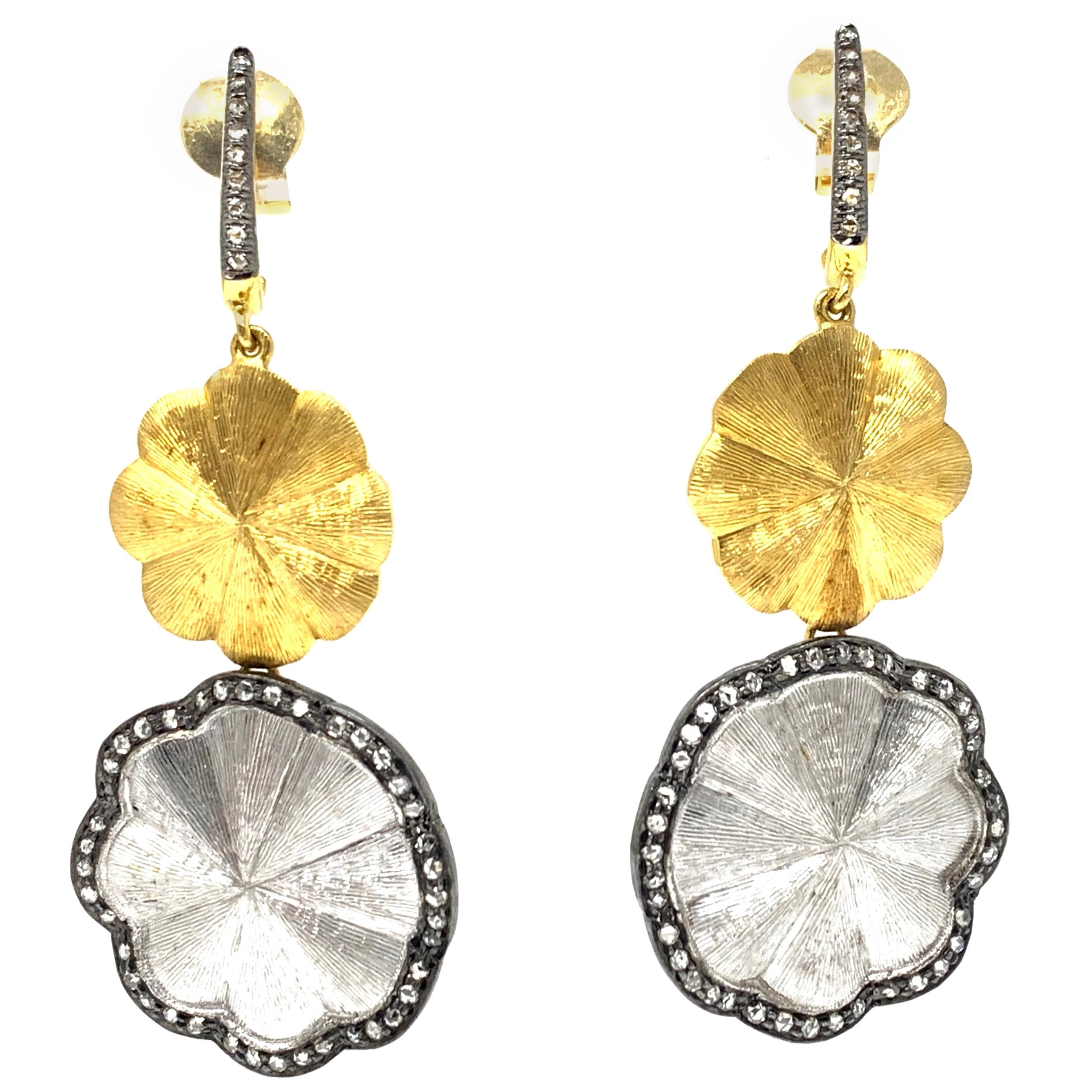 White Rose Cut Diamond Chandelier Earrings in 18 Karat White and Yellow Gold For Sale