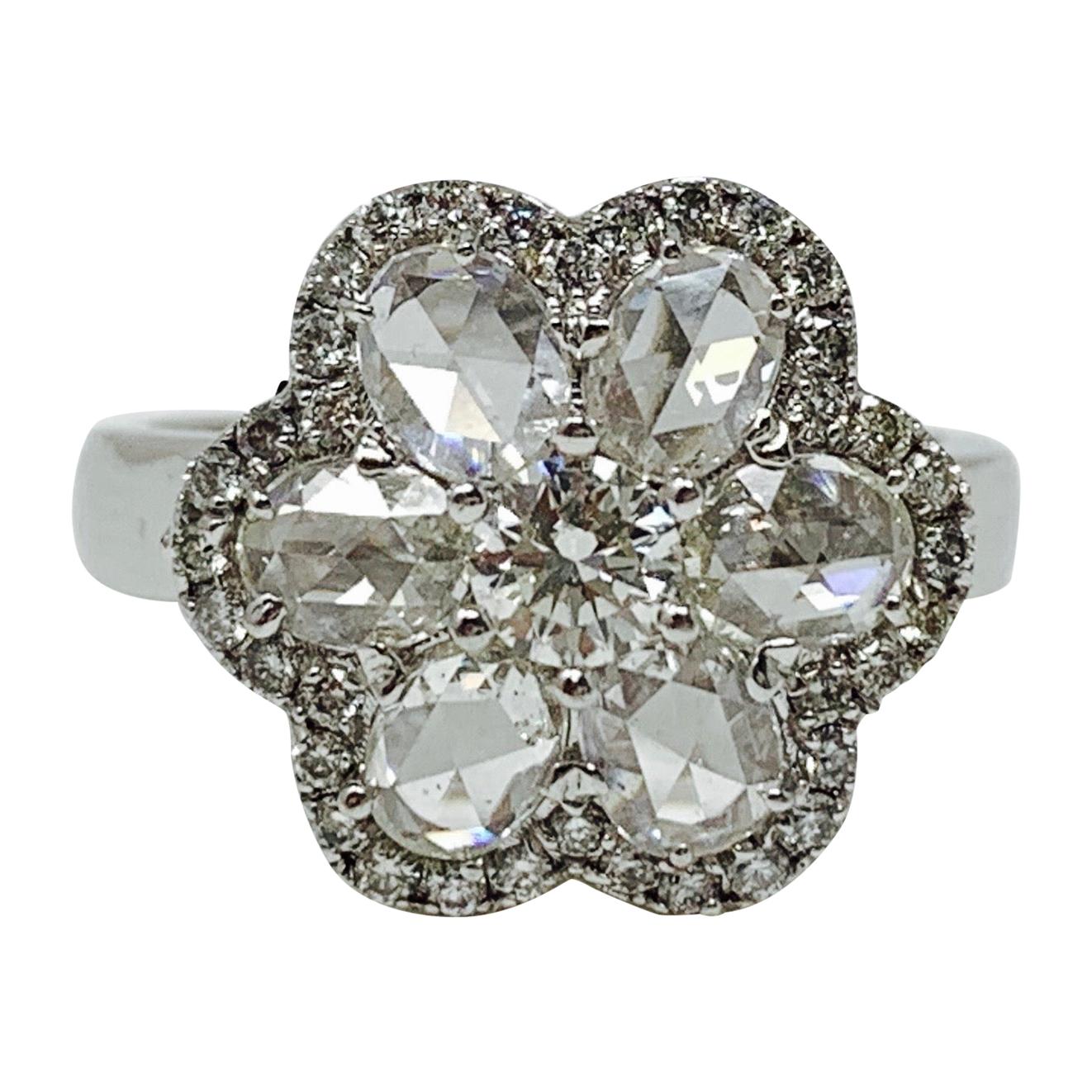 White Rose Cut Diamond Engagement Ring in 18 Karat White Gold For Sale