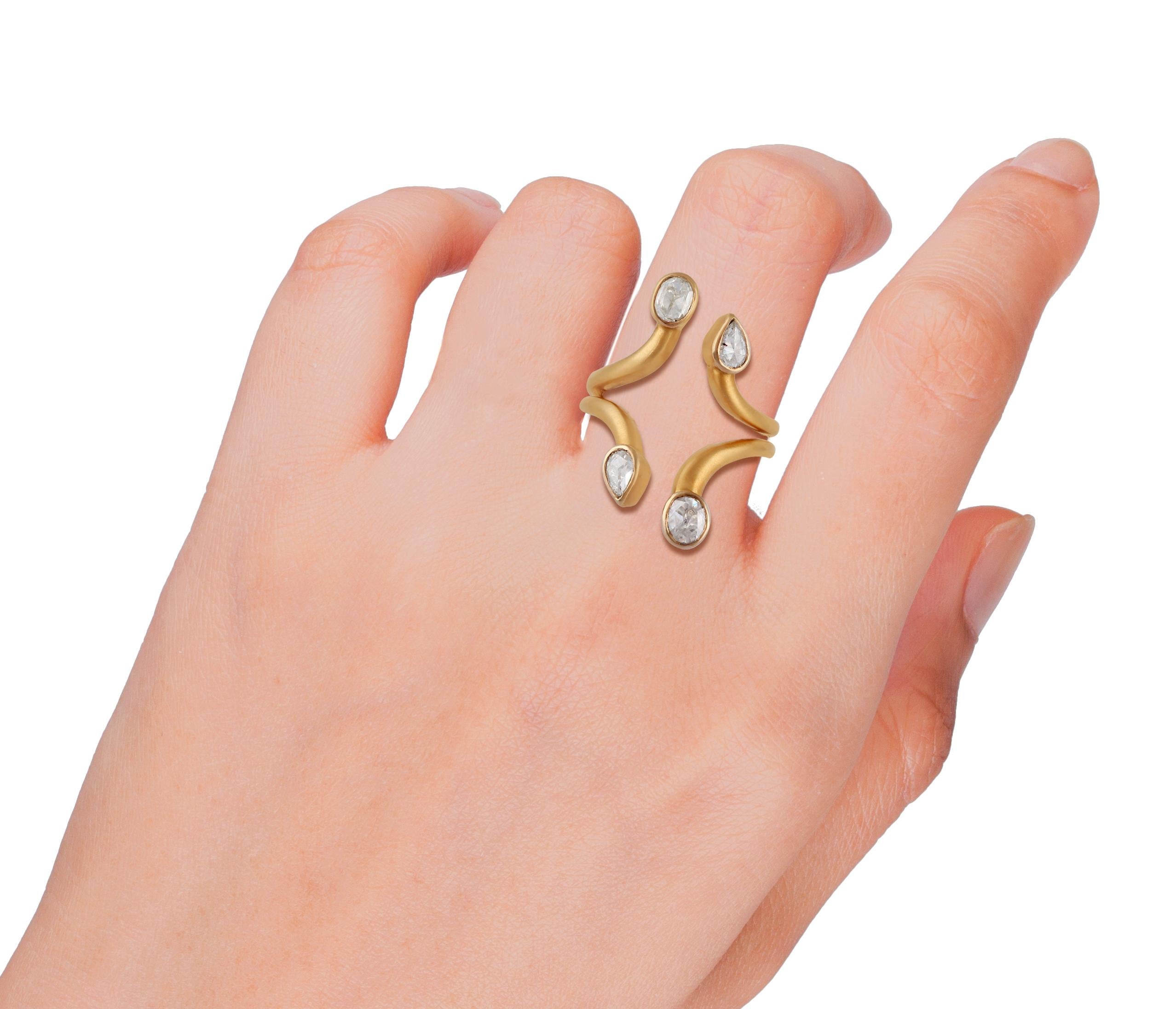 Women's White Rose Cut Diamond Ring in 18 Karat Yellow Matt Gold For Sale