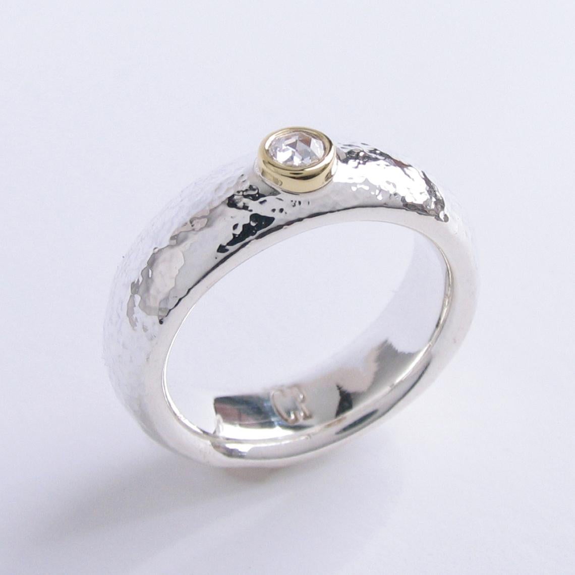 Contemporary White Rose Cut Diamond Ring In Sterling Silver & 18k Yellow Gold  
