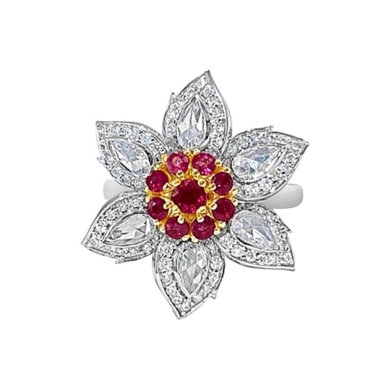 Bague en or 18 carats avec diamant blanc taille rose, diamant rond brillant et rubis de Birmanie