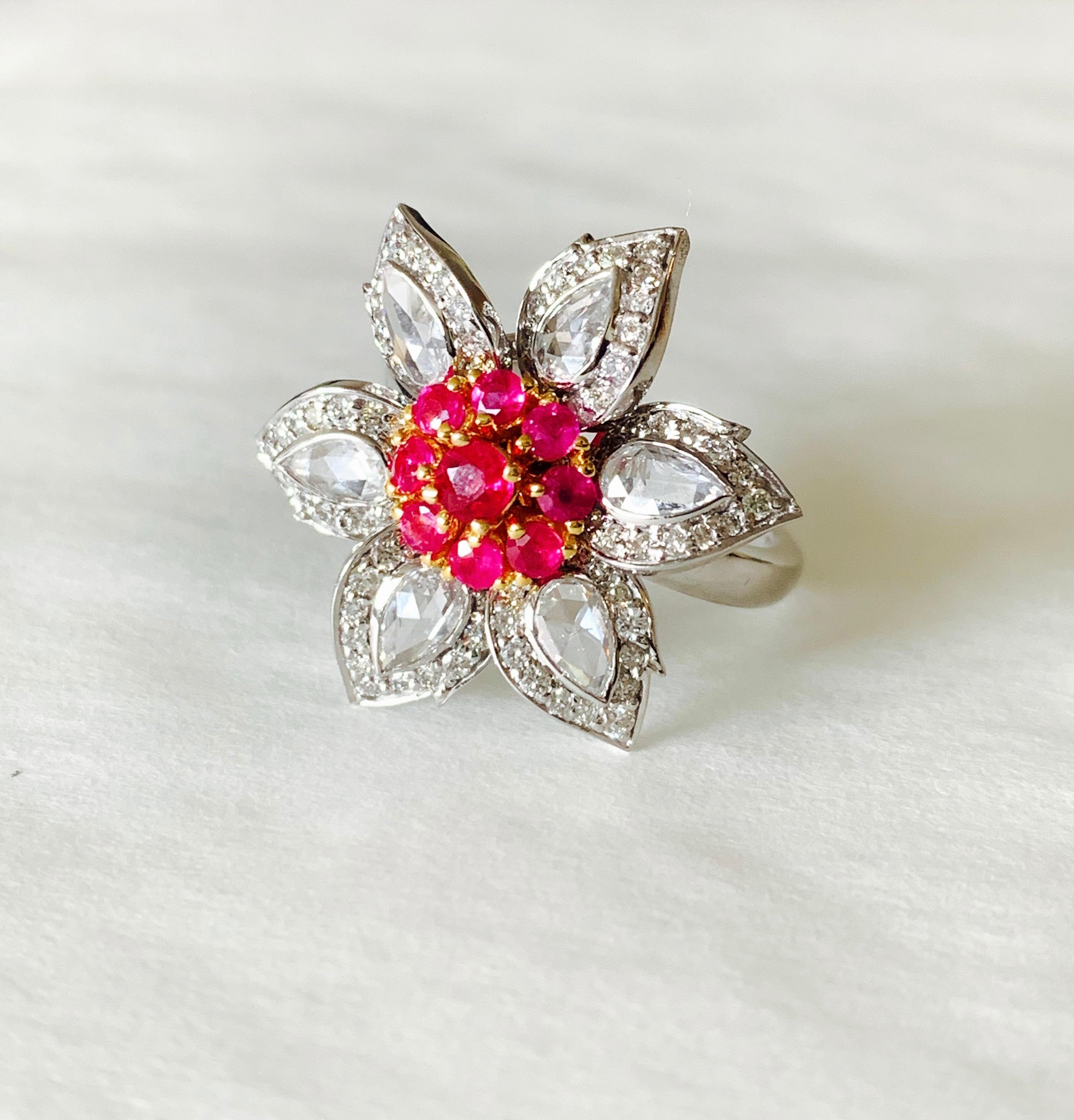 Contemporary White Rose Cut Diamond Round Brilliant Diamond and Burmese Ruby Ring in 18 Karat For Sale