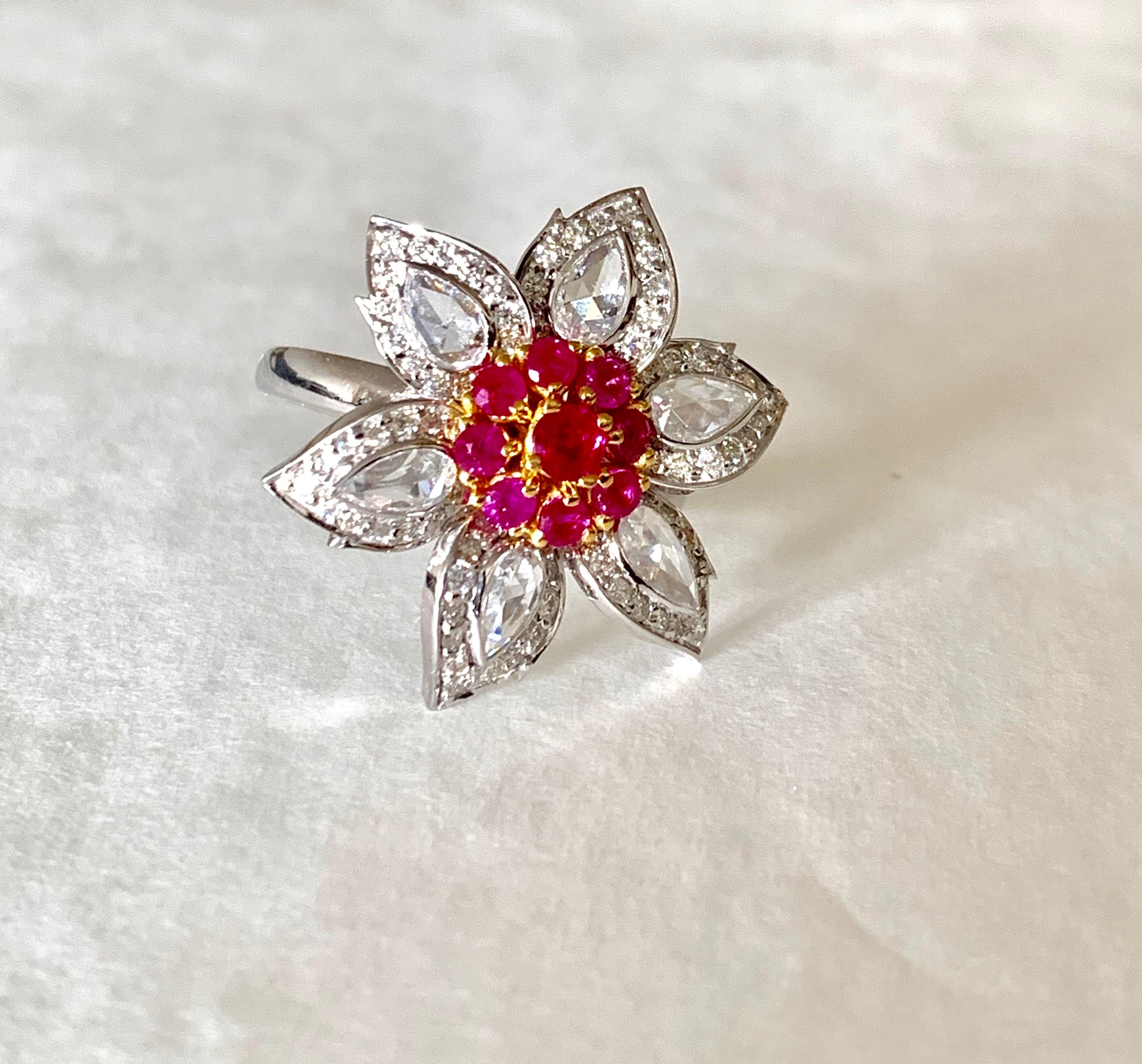 Women's or Men's White Rose Cut Diamond Round Brilliant Diamond and Burmese Ruby Ring in 18 Karat For Sale