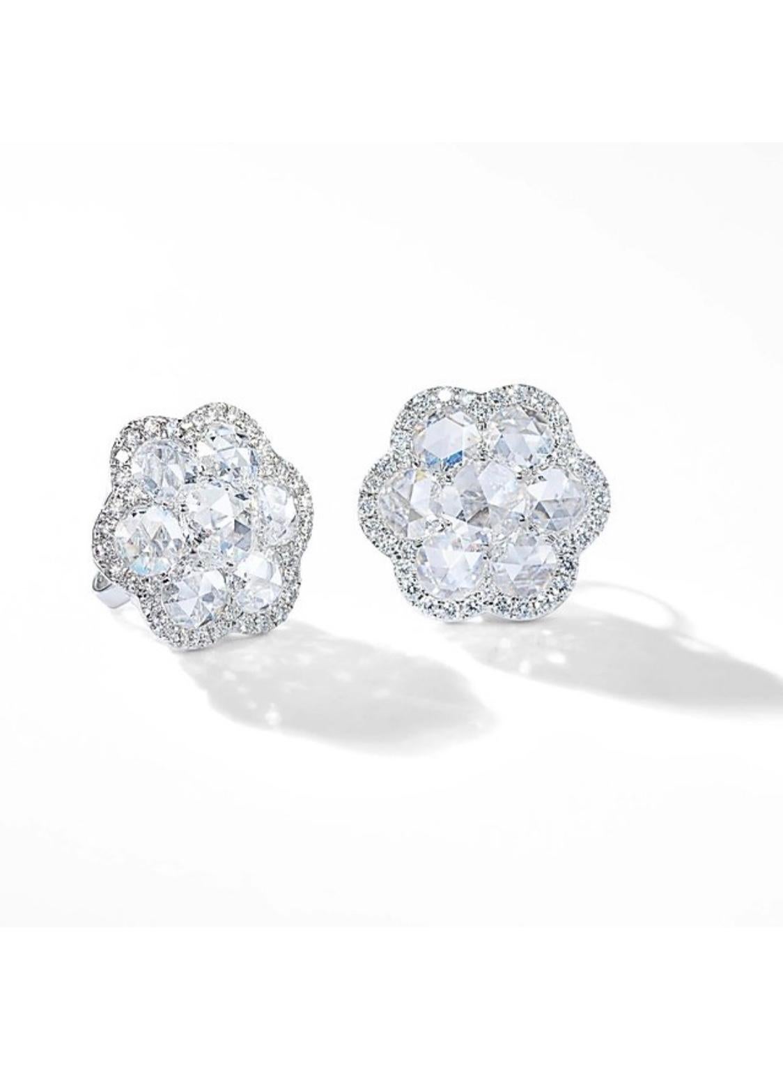 White Rose Cut Diamond Stud Earrings in 18 Karat White Gold In New Condition For Sale In New York, NY