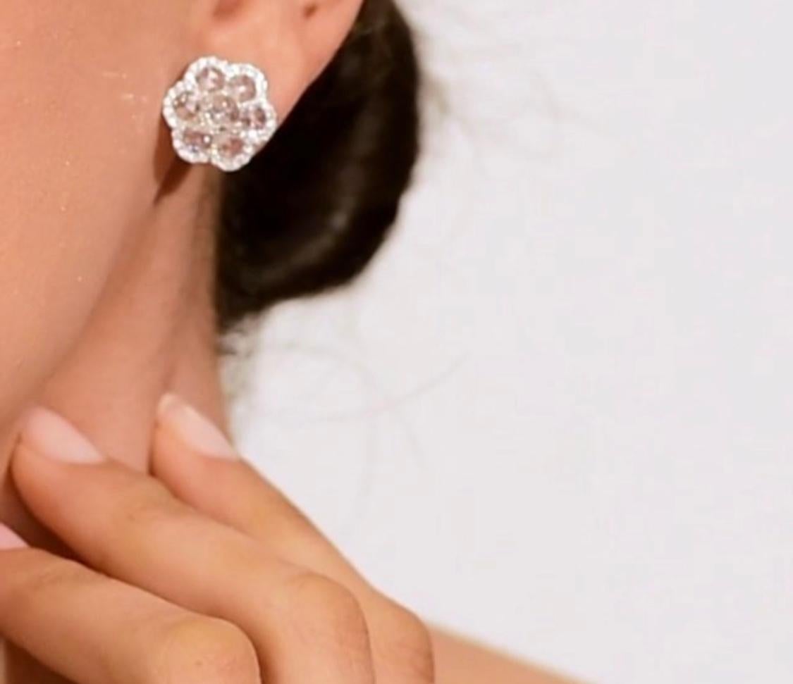 Women's or Men's White Rose Cut Diamond Stud Earrings in 18 Karat White Gold For Sale