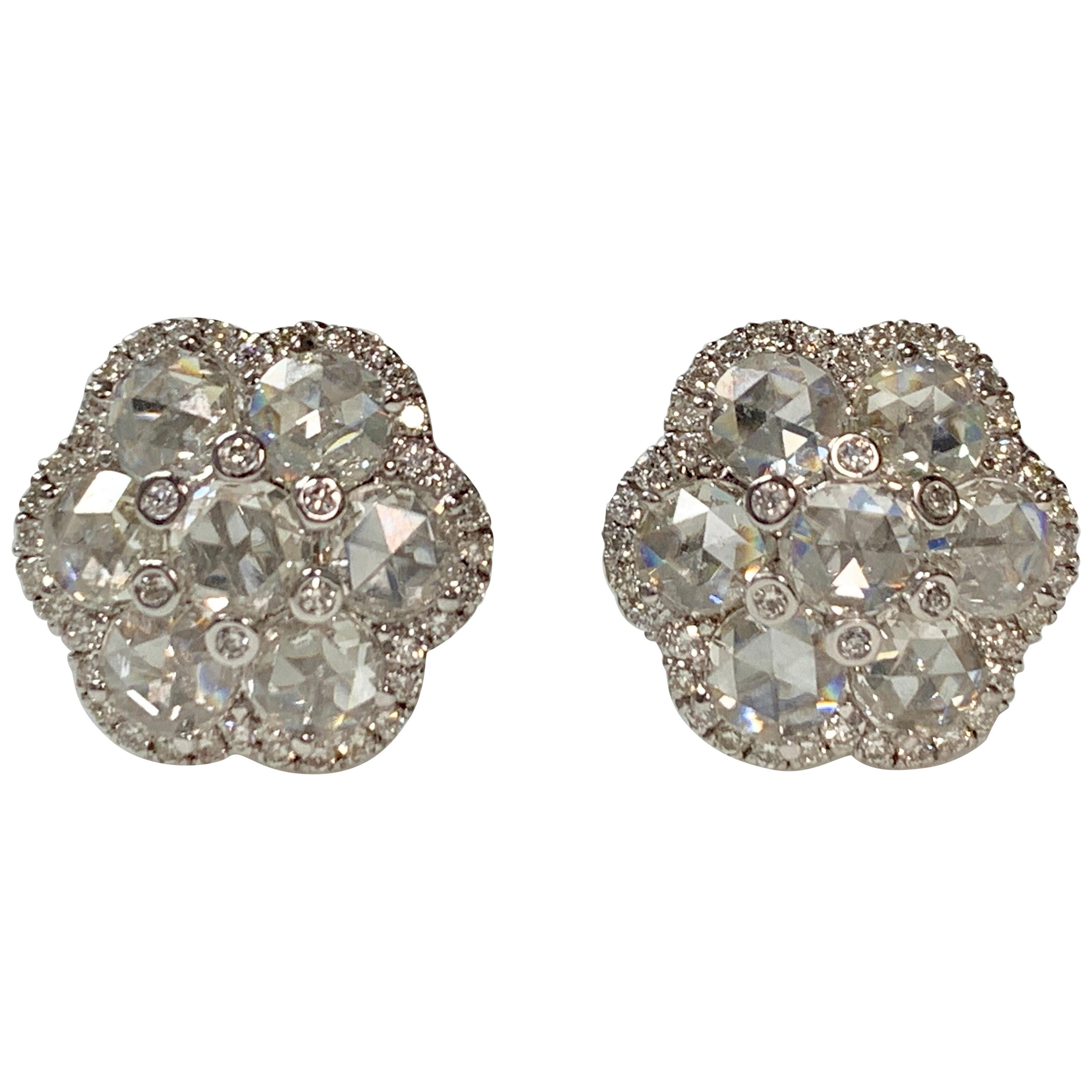 White Rose Cut Diamond Stud Earrings in 18 Karat White Gold For Sale