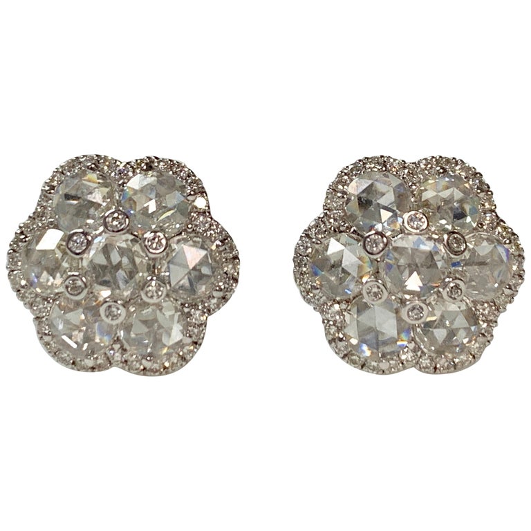 White Rose Cut Diamond Stud Earrings in 18 Karat White Gold For Sale at ...