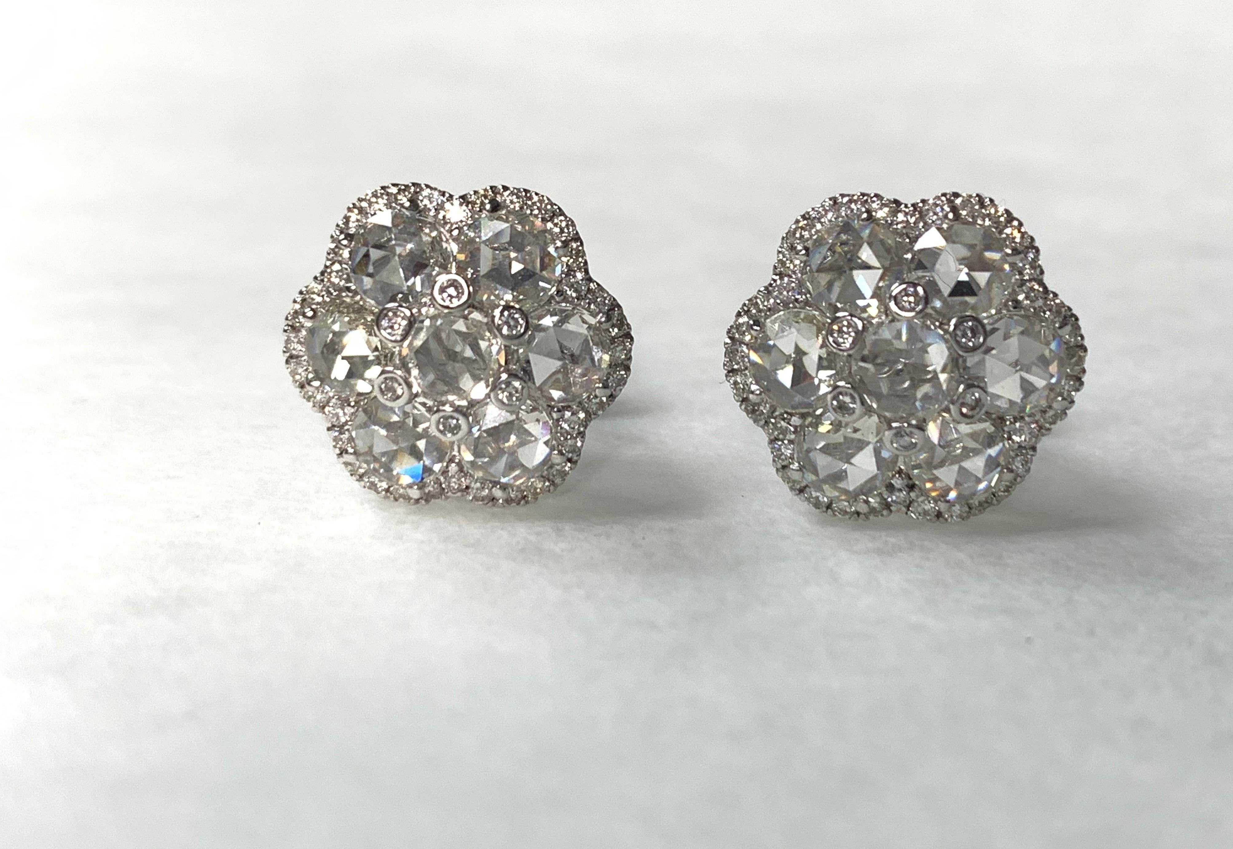 Contemporary White Rose Cut Diamond Stud Earrings in 18 Karat White Gold For Sale