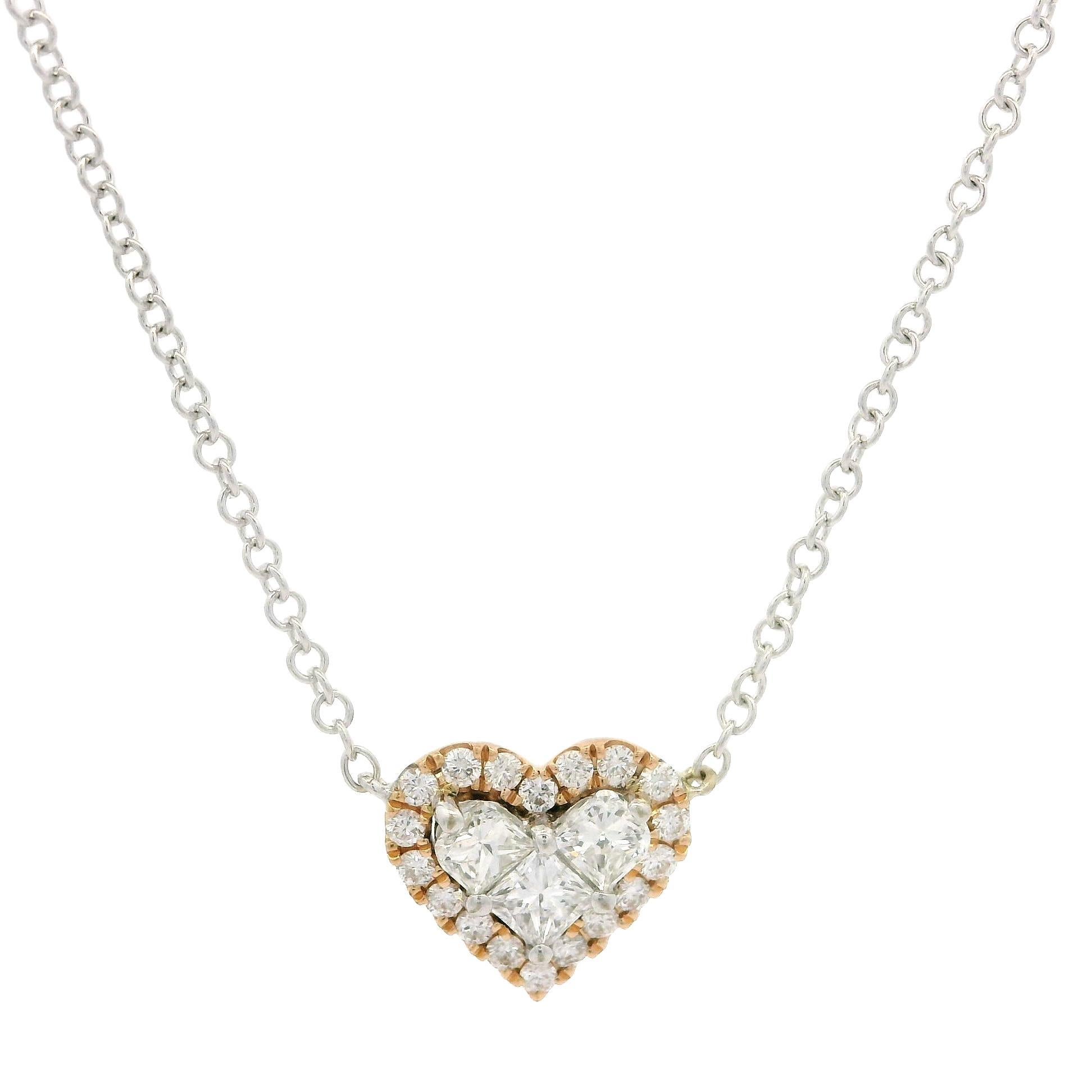 -Pierre(s)
(21) Diamants naturels authentiques - 2 taille coussin, 1 taille princesse et 18 taille ronde brillante - sertis - couleur G/H - pureté VS1/VS2 - 0,38ctw (approx.)

MATERIAL : Pendentif en or blanc et rose 18k massif avec chaîne en or
