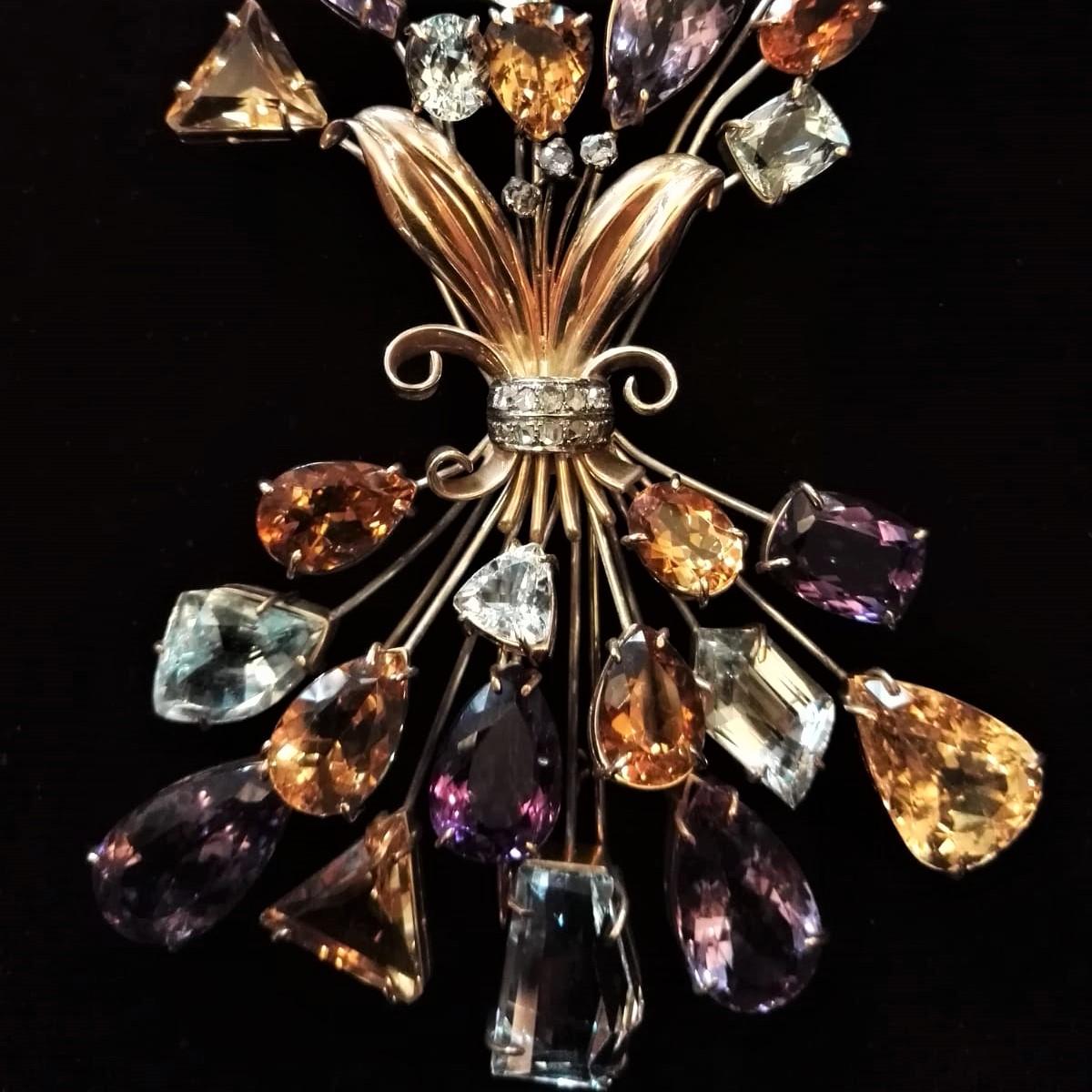 Contemporary White Rose Gold 18 Karat Aquamarine Amethyst Quartz Diamond Brooch For Sale