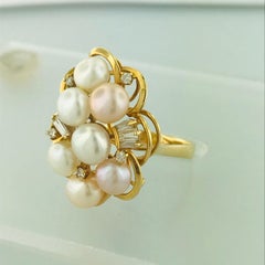 White and Rose Pearl and .50 Carat Diamond Cluster Ring, 18 Karat Yellow Gold