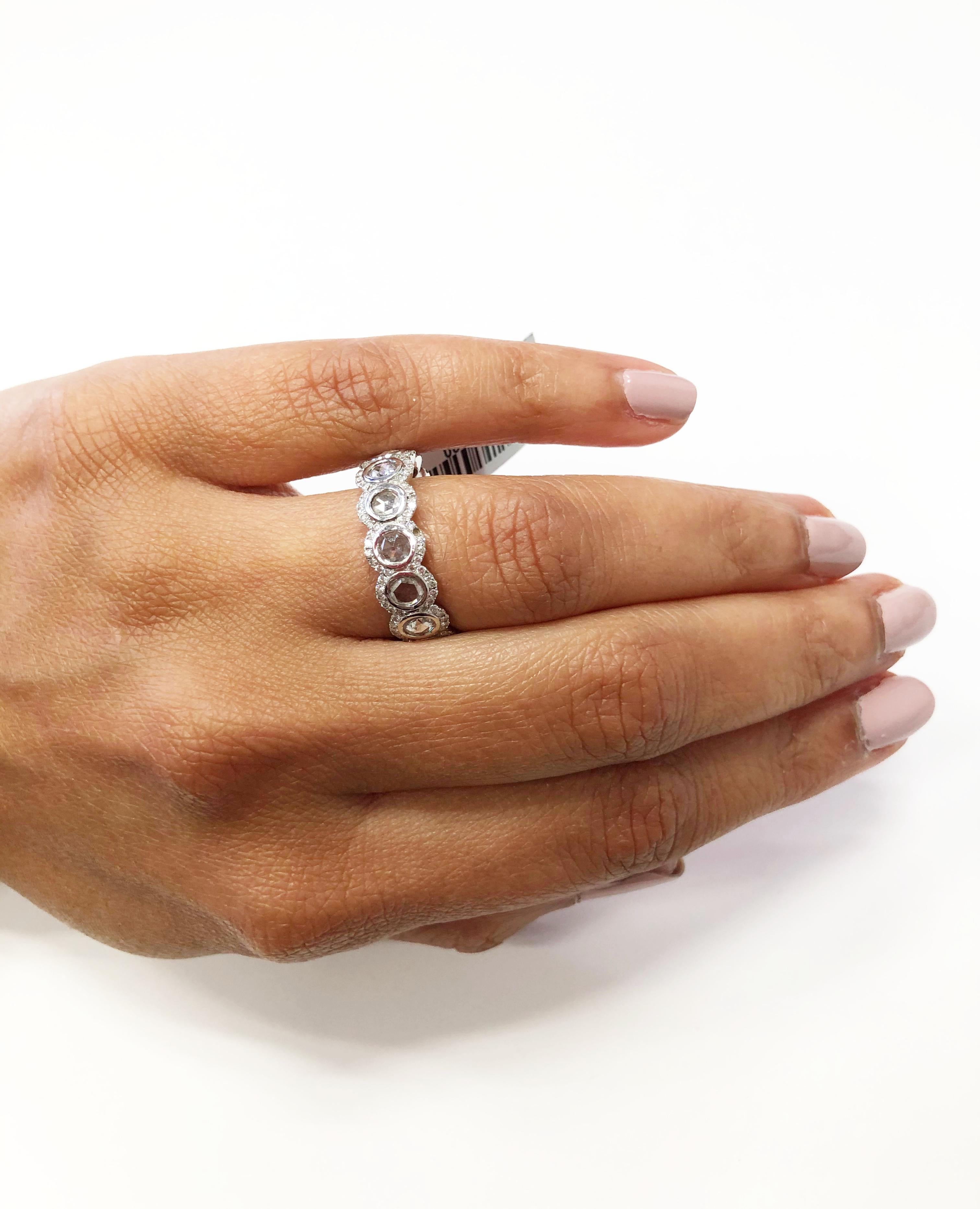 Gorgeous diamond rose cut band with 2.50 carats of white, eye clean diamonds in a handmade 18k white gold mounting.  This band is unique mixing rosecuts with faceted stones in a size 6 band.  Perfect for stacking or wearing on it's own!