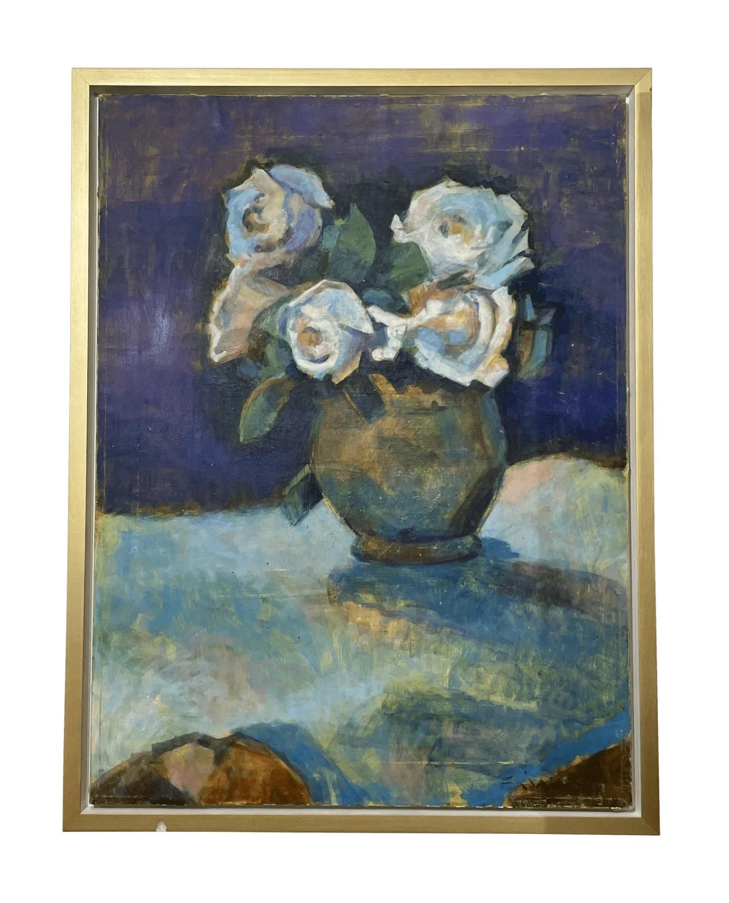 Bold and atmospheric still life of white roses in a vase, rendered in expressive brushwork and a saturated palette of violet, teal, and ochre. Oil on canvas in a contemporary floating gilt frame. Parisian studio work signed lower right, appears to