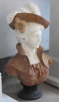 White and Rouge Carved Marble Bust of Woman with Hat