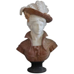 White and Rouge Carved Marble Bust of Woman with Hat