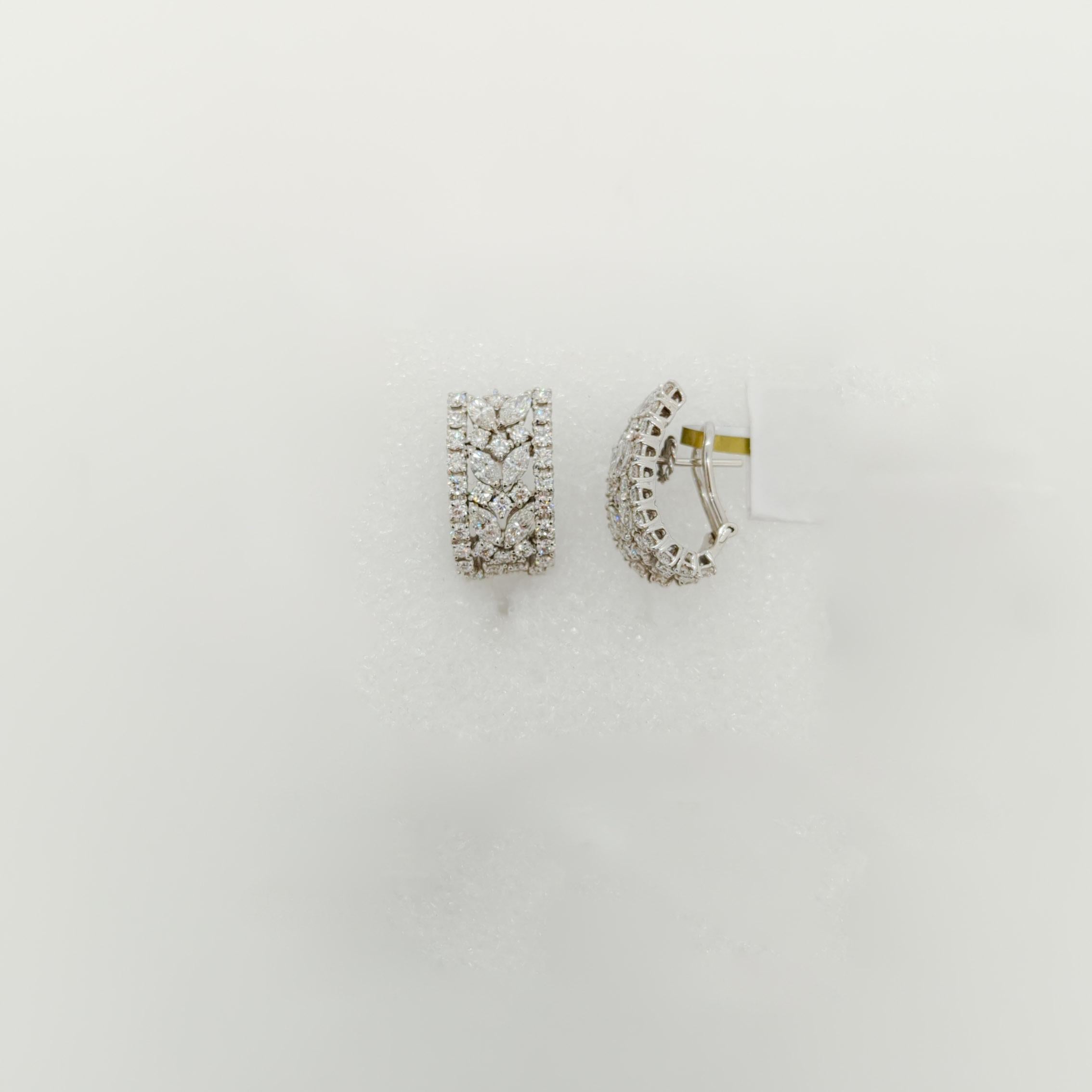 White Round and Marquise Diamond Semi Hoop Earrings in 18k White Gold In New Condition In Los Angeles, CA