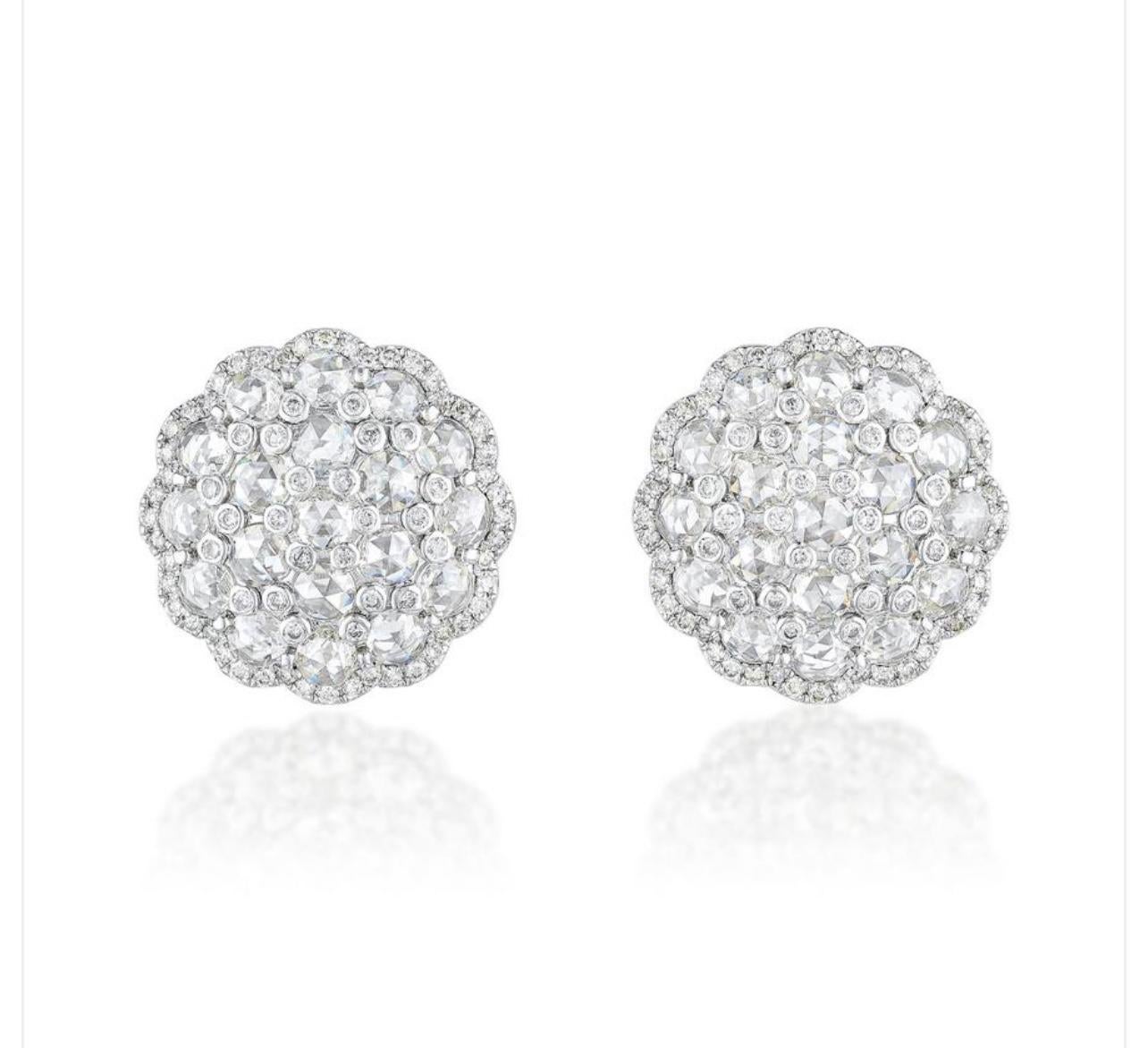 These gorgeous and one of a kind white diamond stud earrings are beautifully hand crafted in 18k white gold. 
The details are as follows : 
Diamond weight : Round brilliant : rose cut diamond : 4 carats ( HI color and VS clarity ) 
Measurements :