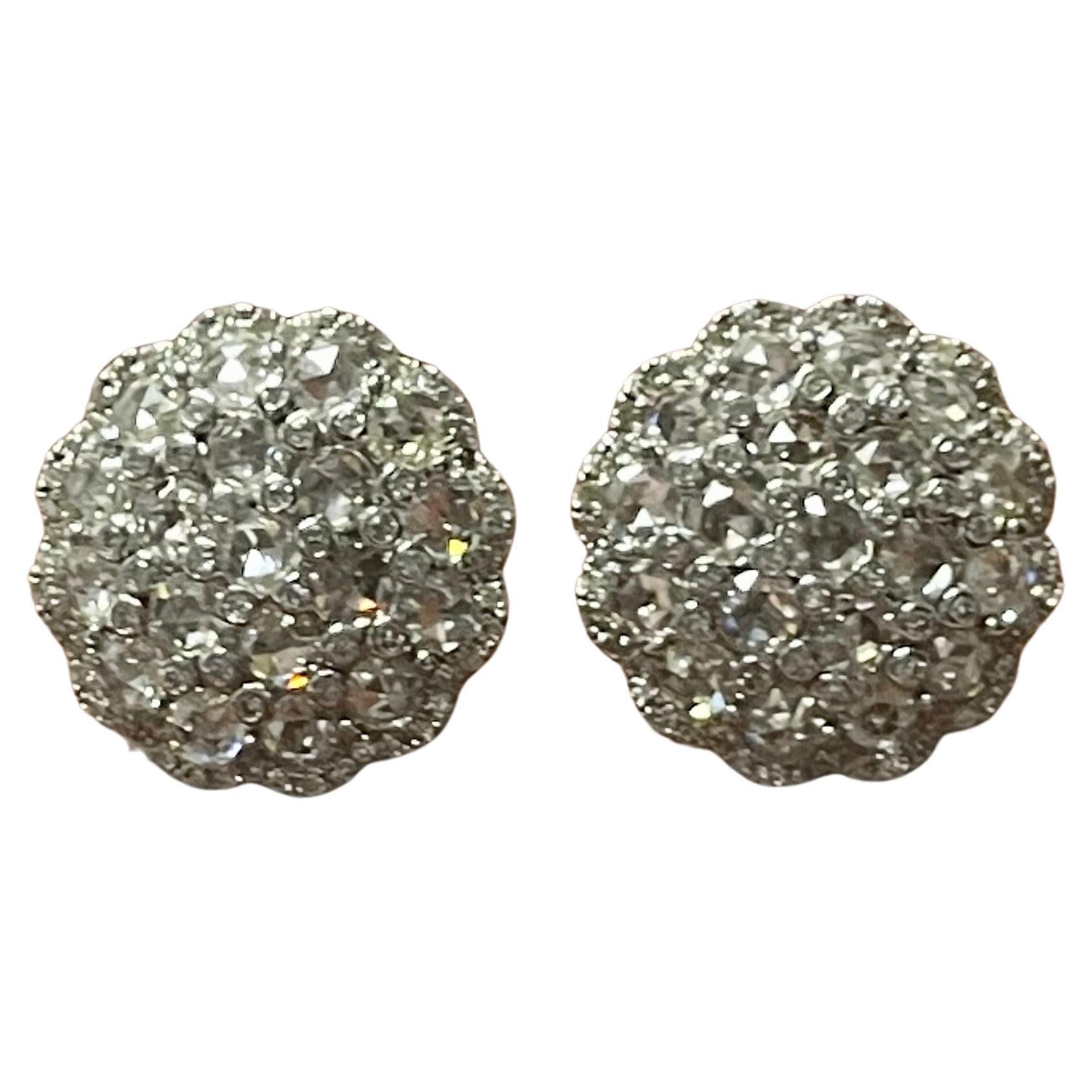 Women's White Round Brilliant and Rose Cut Diamond Stud Earrings In 18K White Gold.  For Sale