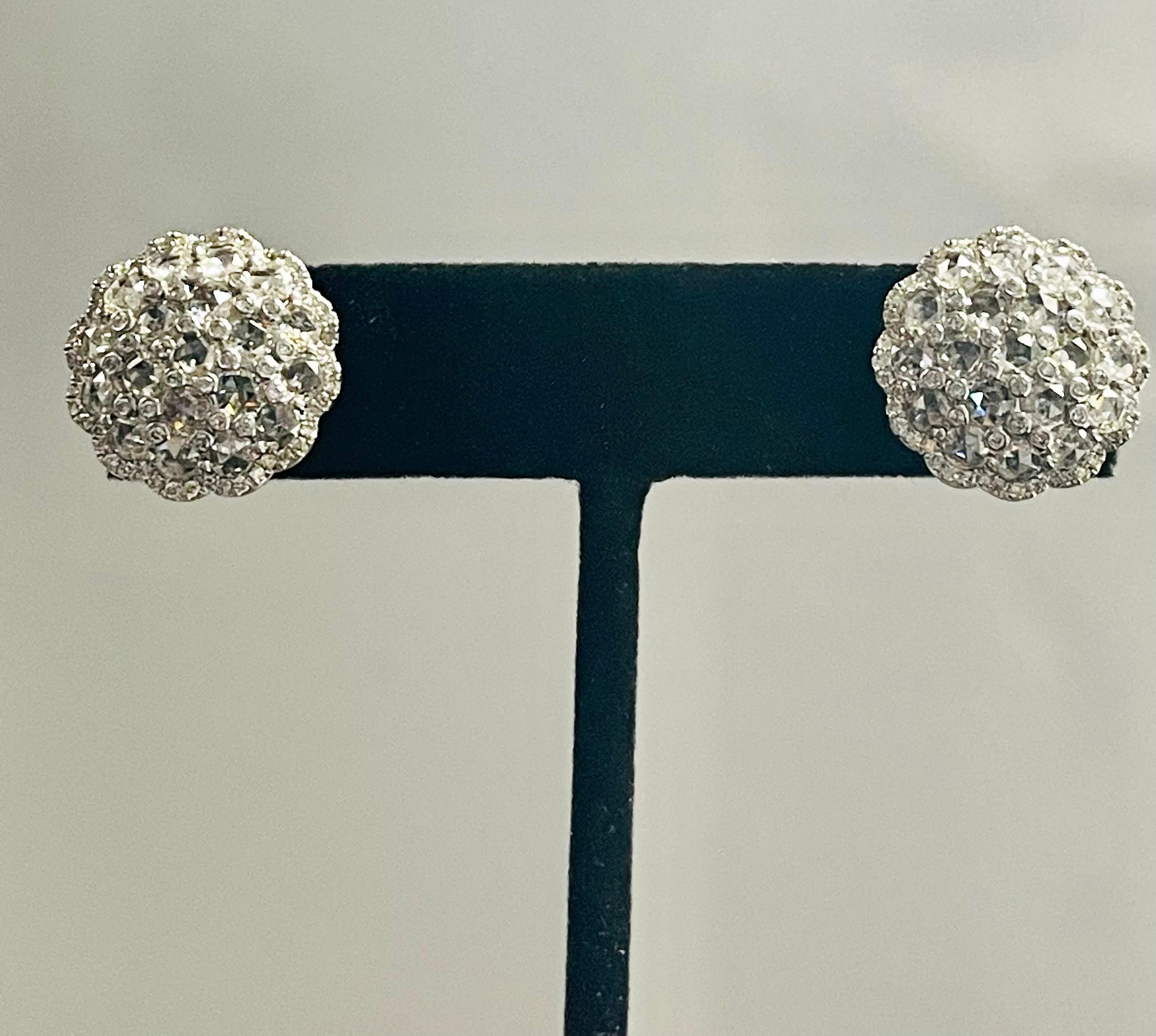 White Round Brilliant and Rose Cut Diamond Stud Earrings In 18K White Gold.  For Sale 2