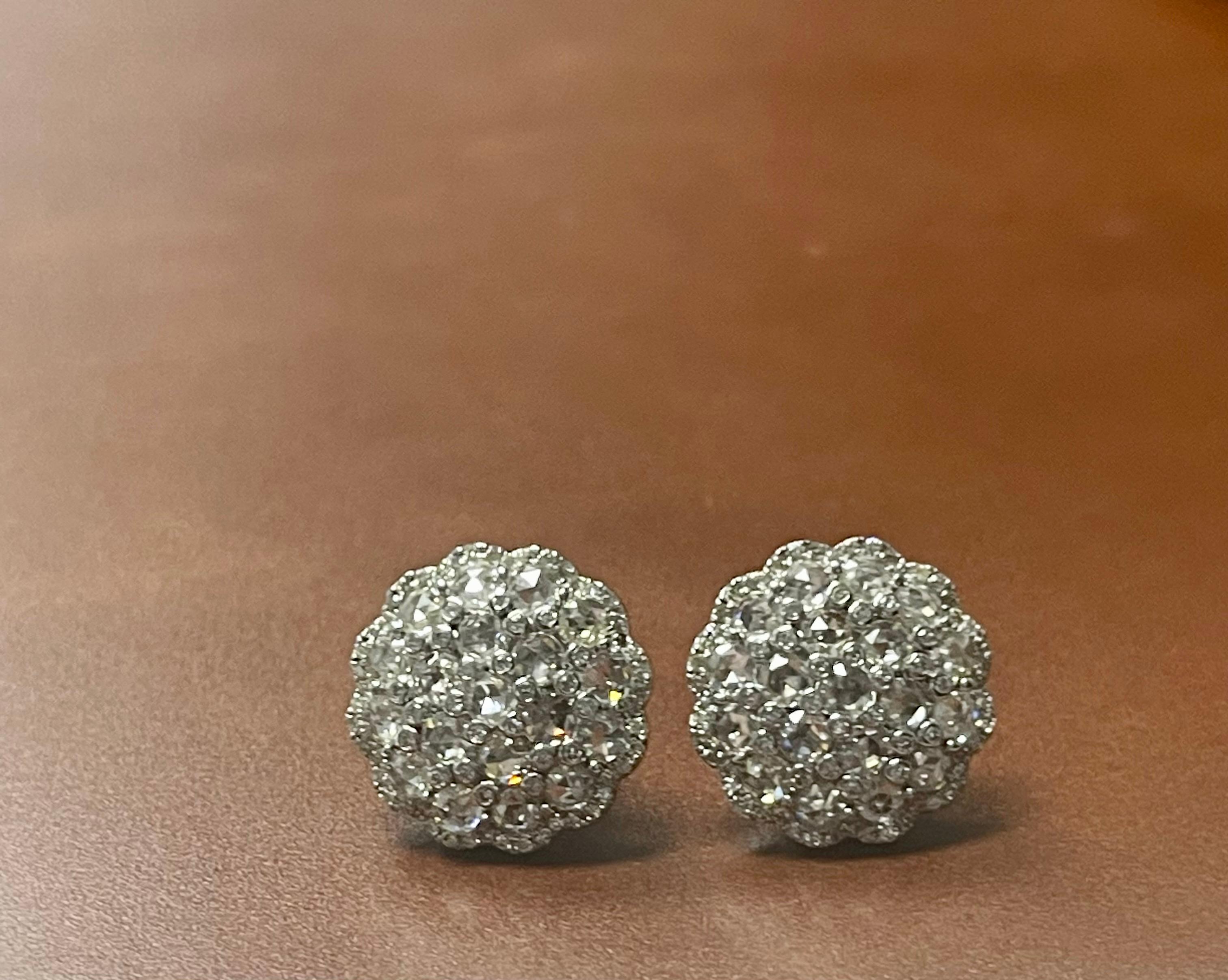 White Round Brilliant and Rose Cut Diamond Stud Earrings In 18K White Gold.  For Sale 3
