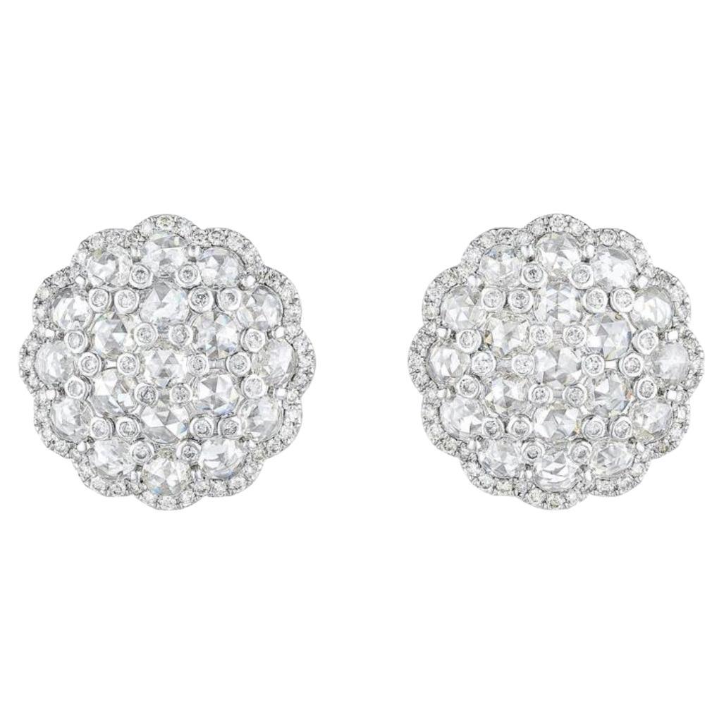 White Round Brilliant and Rose Cut Diamond Stud Earrings In 18K White Gold.  For Sale