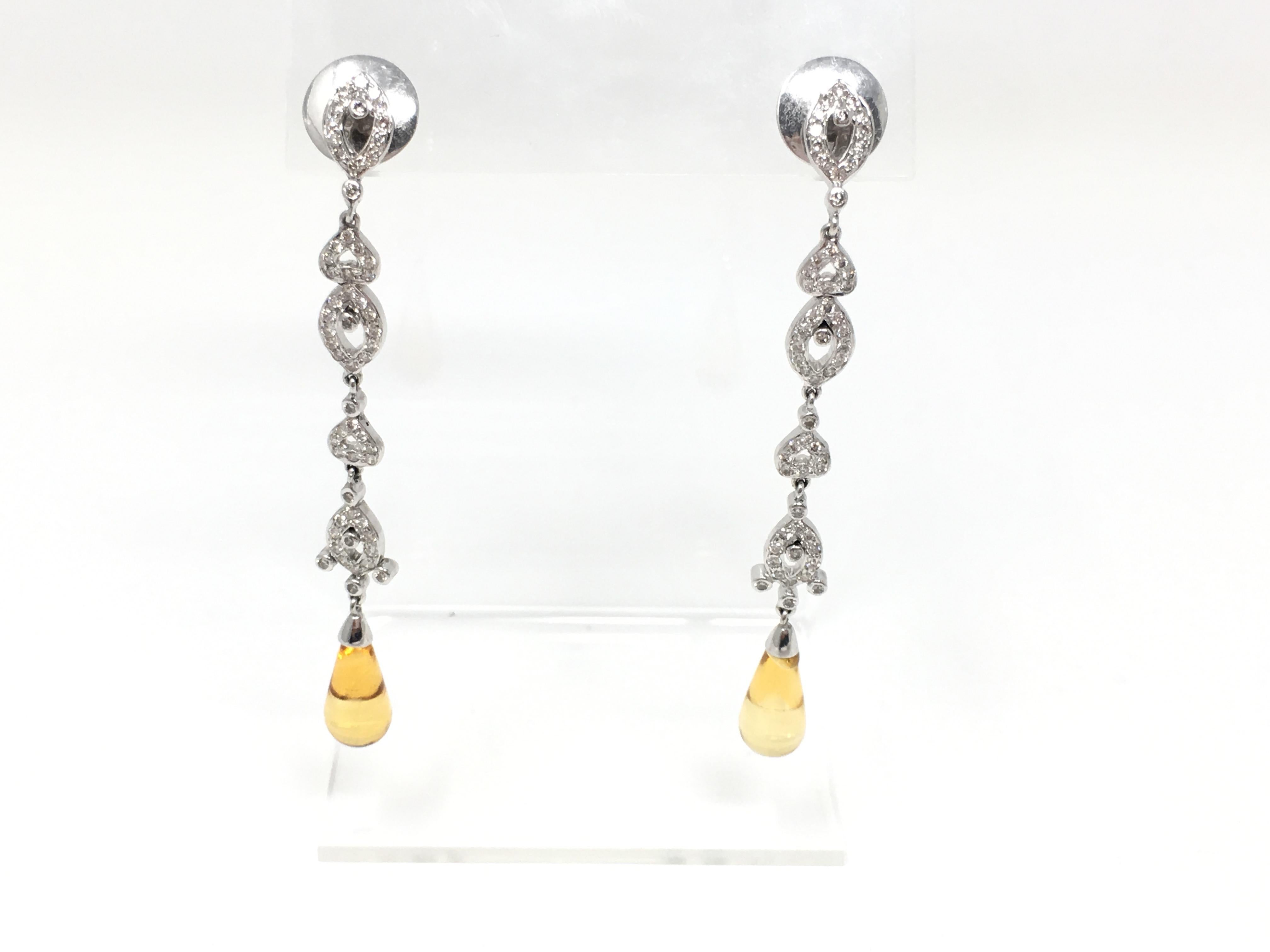 Women's White Round Brilliant And Topaz Dangle Earrings And Matching Necklace In 18K.  For Sale