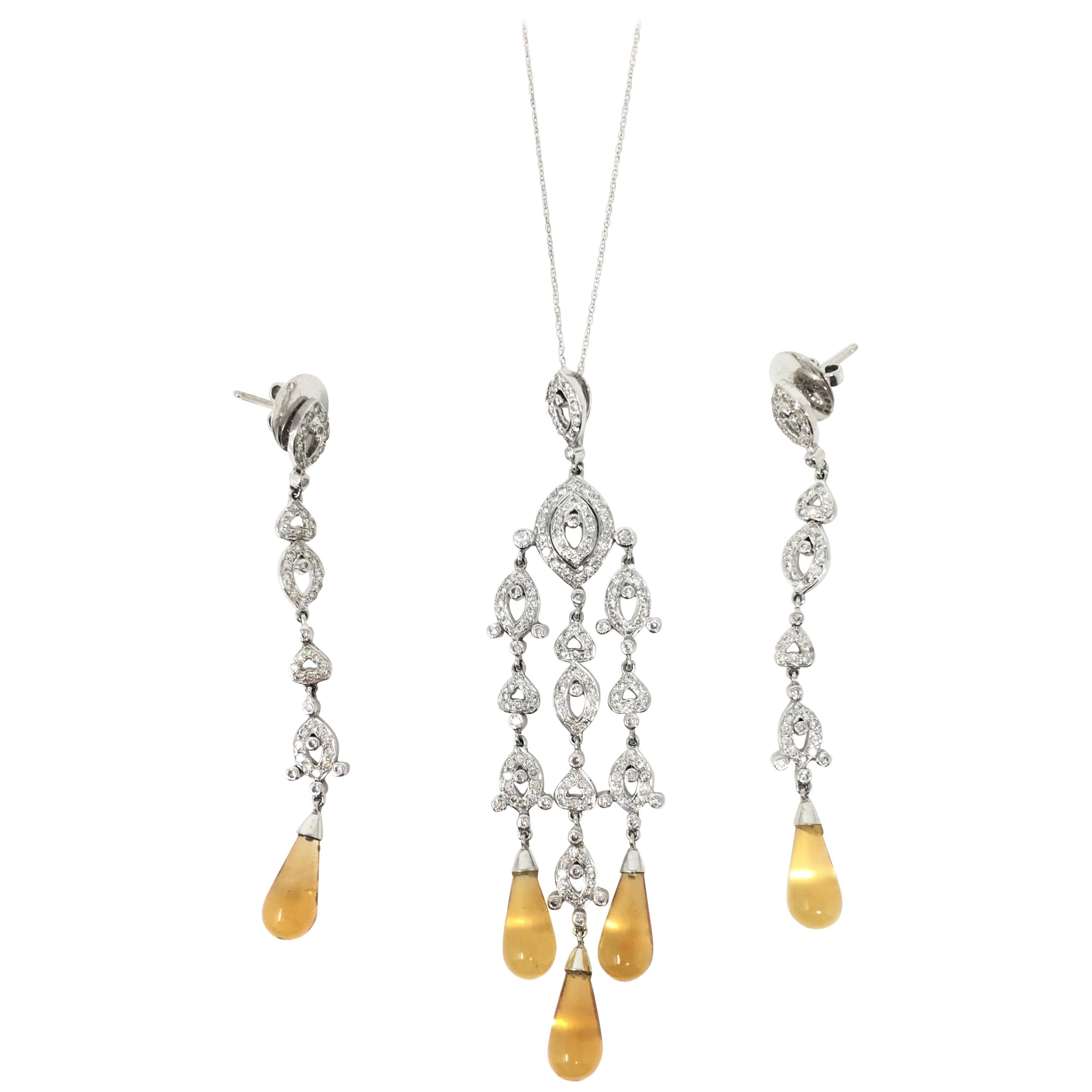 White Round Brilliant And Topaz Dangle Earrings And Matching Necklace In 18K.