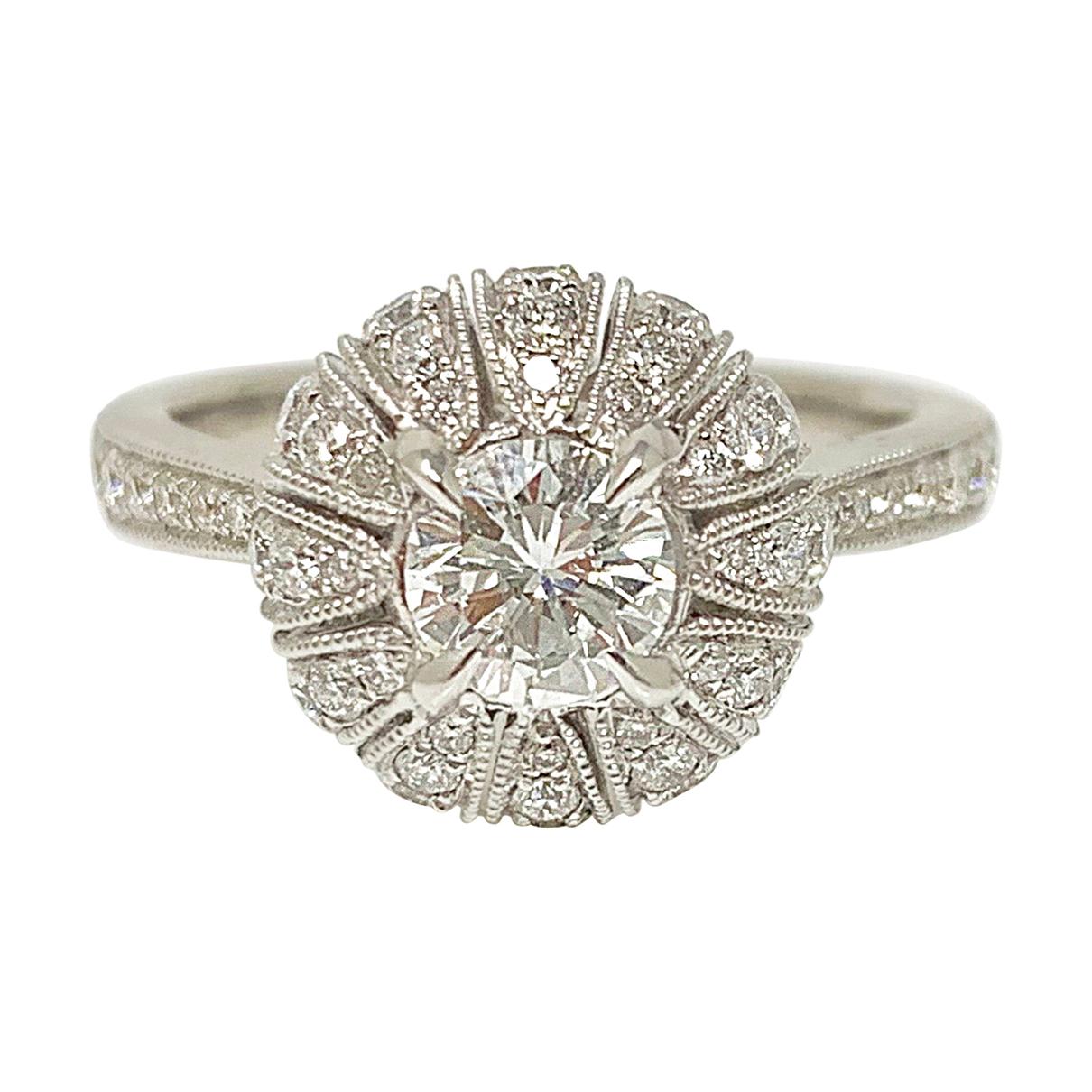 White Round Brilliant Cut Diamond Engagement Ring in 18 Karat White Gold For Sale