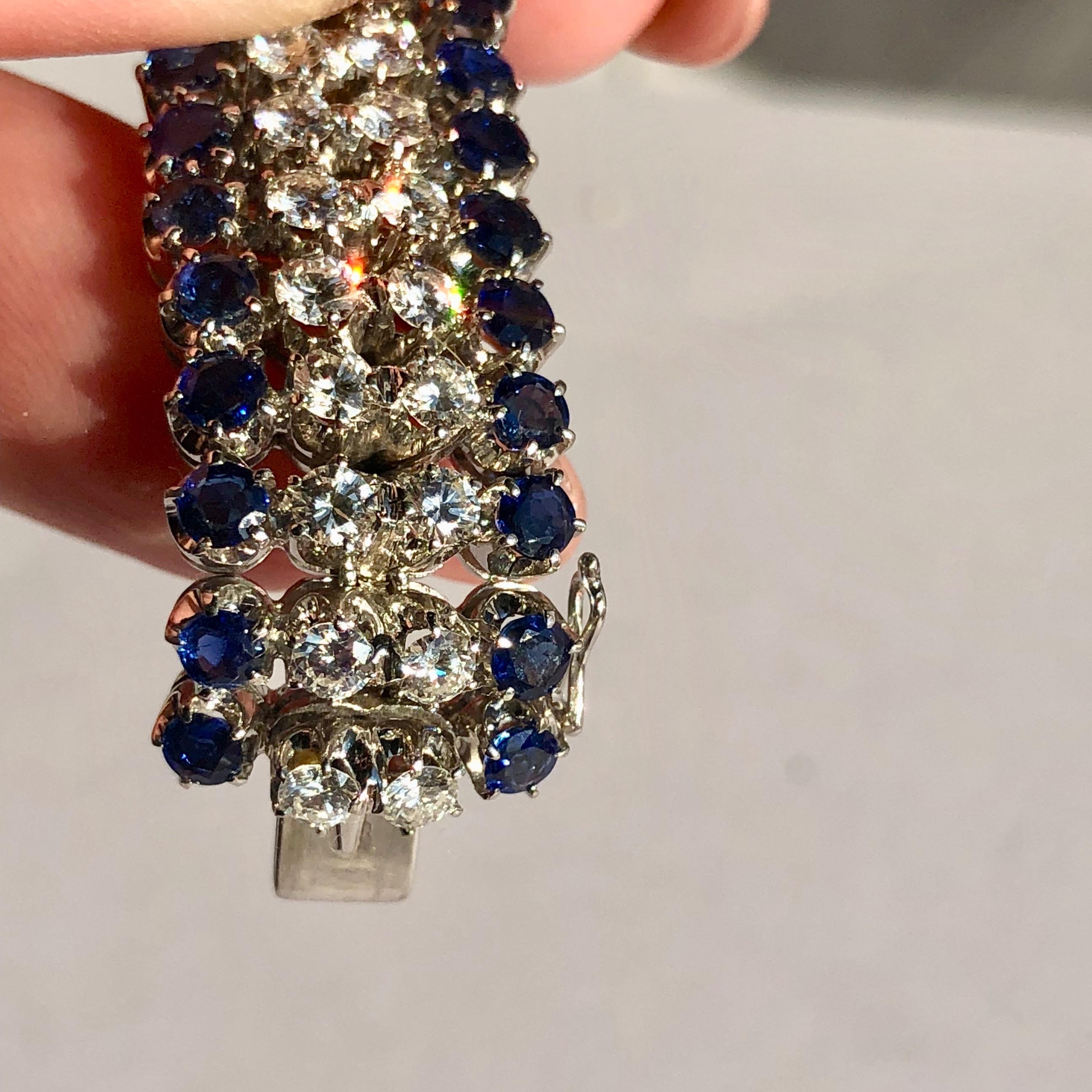Women's or Men's White Round Brilliant Cut Diamond , Round Cut Blue Sapphire Bracelet 16ct TW