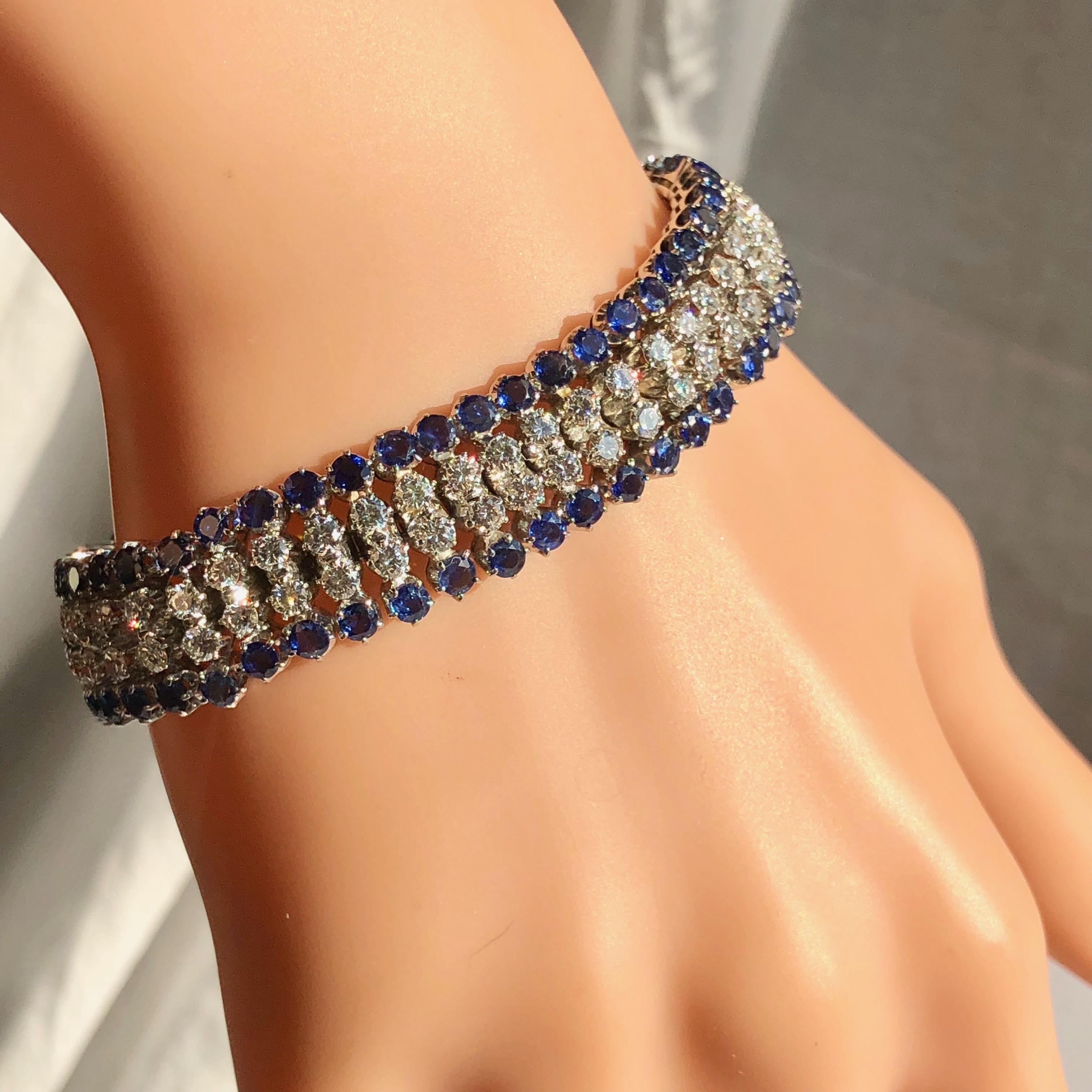 White Round Brilliant Cut Diamond , Round Cut Blue Sapphire Bracelet 16ct TW 4