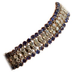 Vintage White Round Brilliant Cut Diamond , Round Cut Blue Sapphire Bracelet 16ct TW