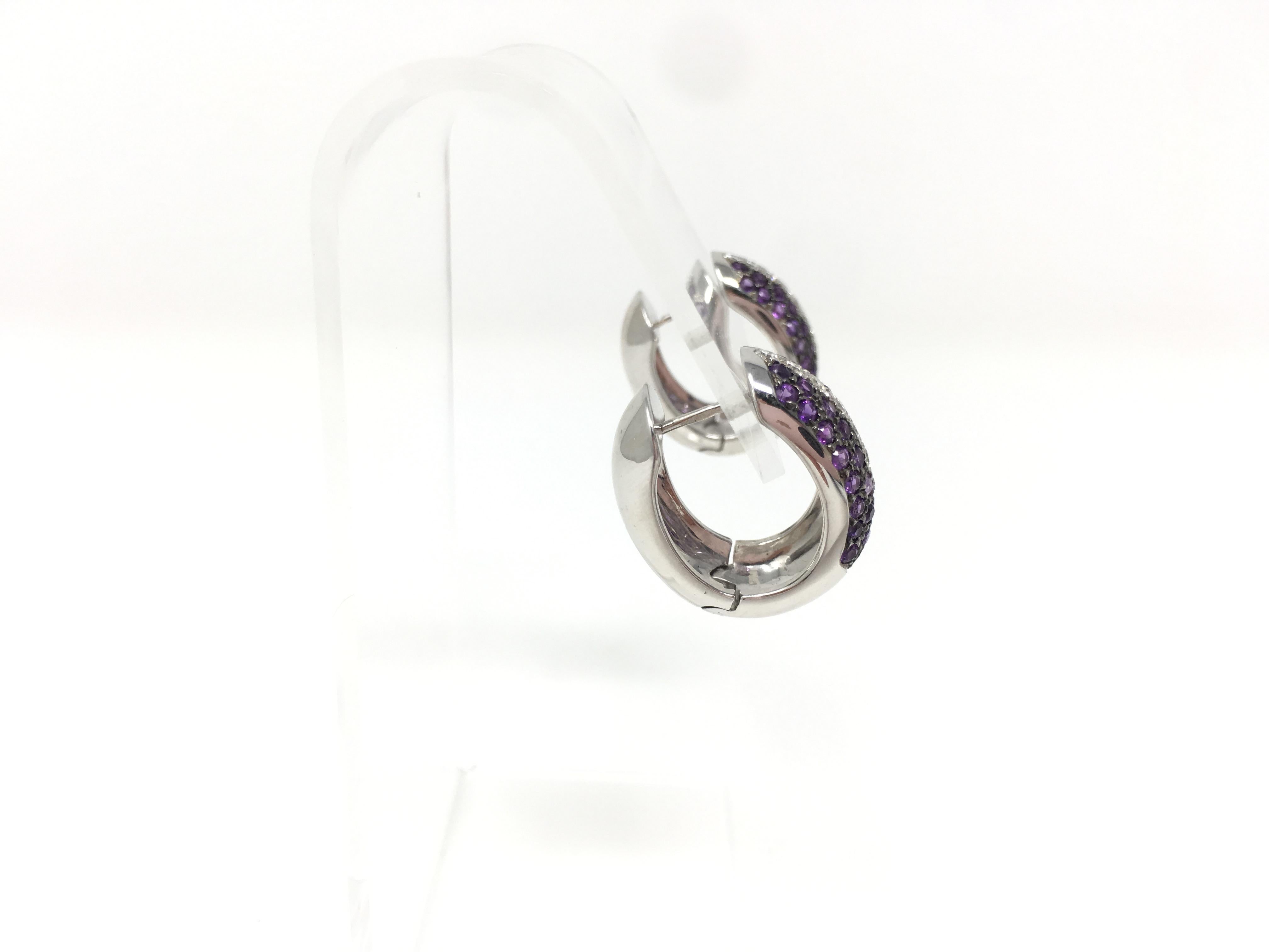 White Round Brilliant Diamond and Amethyst Hoop Earrings in 18 Karat White Gold For Sale 3