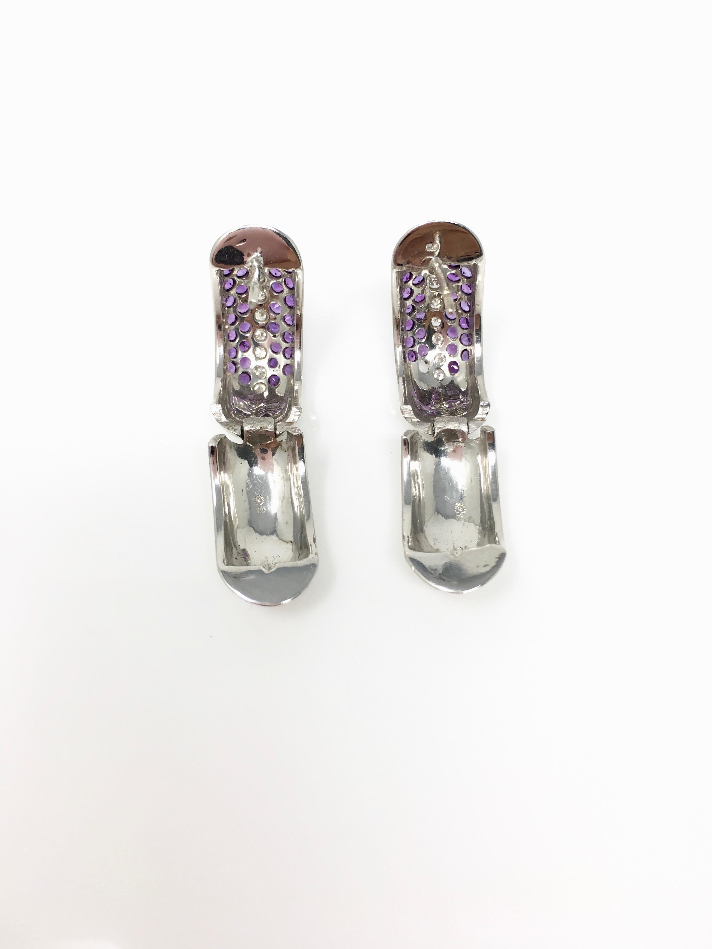 Contemporary White Round Brilliant Diamond and Amethyst Hoop Earrings in 18 Karat White Gold For Sale