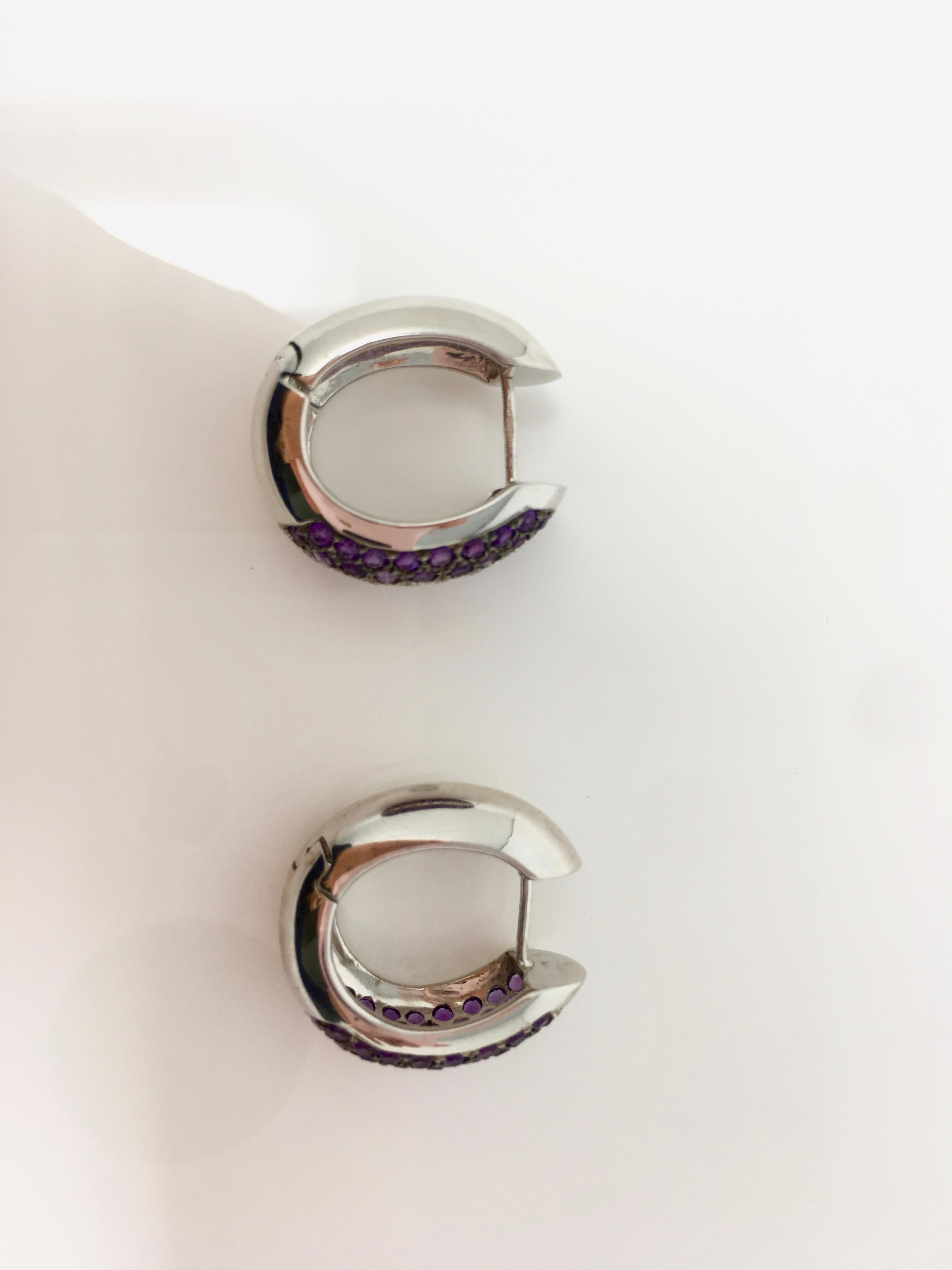 Round Cut White Round Brilliant Diamond and Amethyst Hoop Earrings in 18 Karat White Gold For Sale