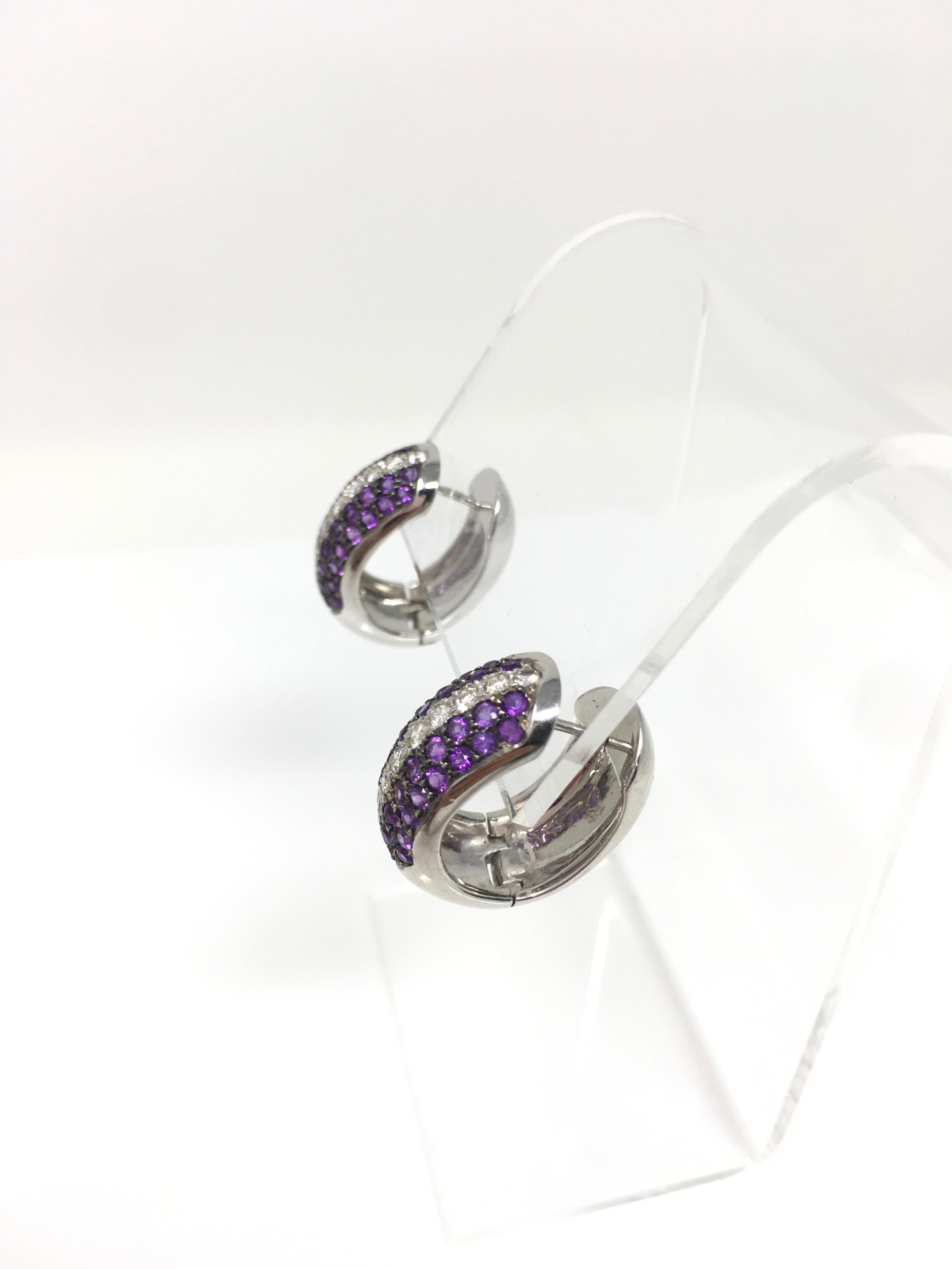 White Round Brilliant Diamond and Amethyst Hoop Earrings in 18 Karat White Gold In New Condition For Sale In New York, NY