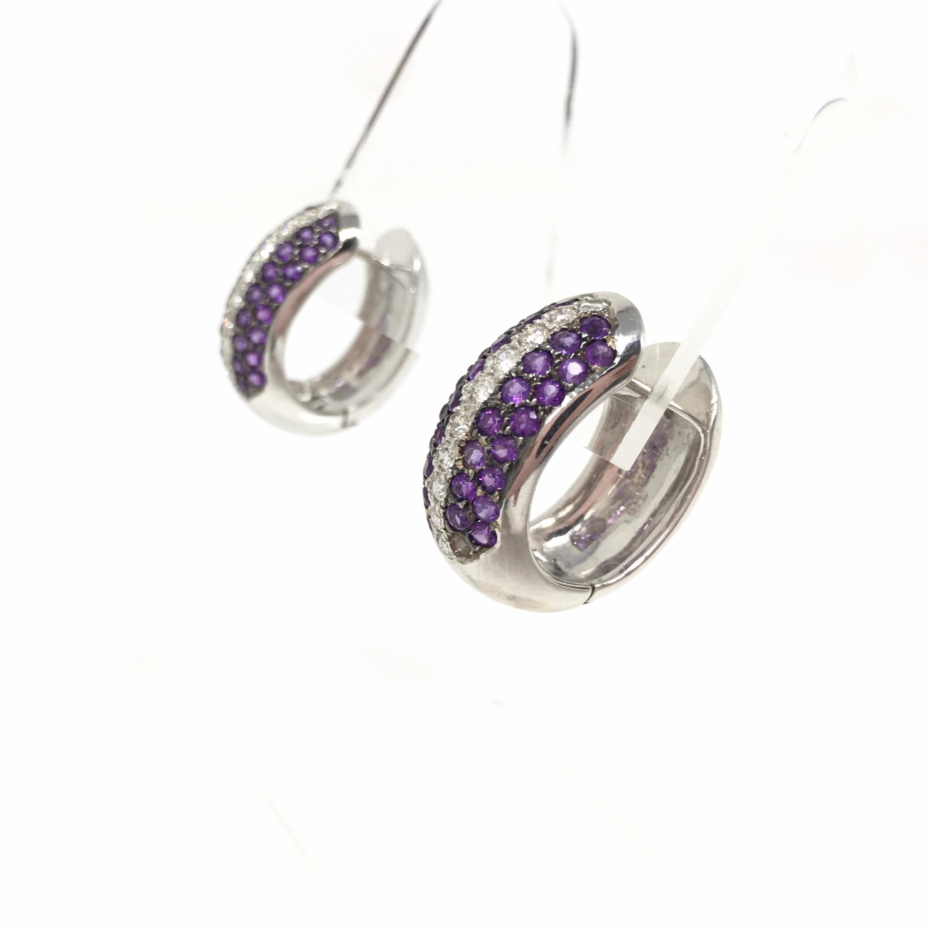 White Round Brilliant Diamond and Amethyst Hoop Earrings in 18 Karat White Gold For Sale 1